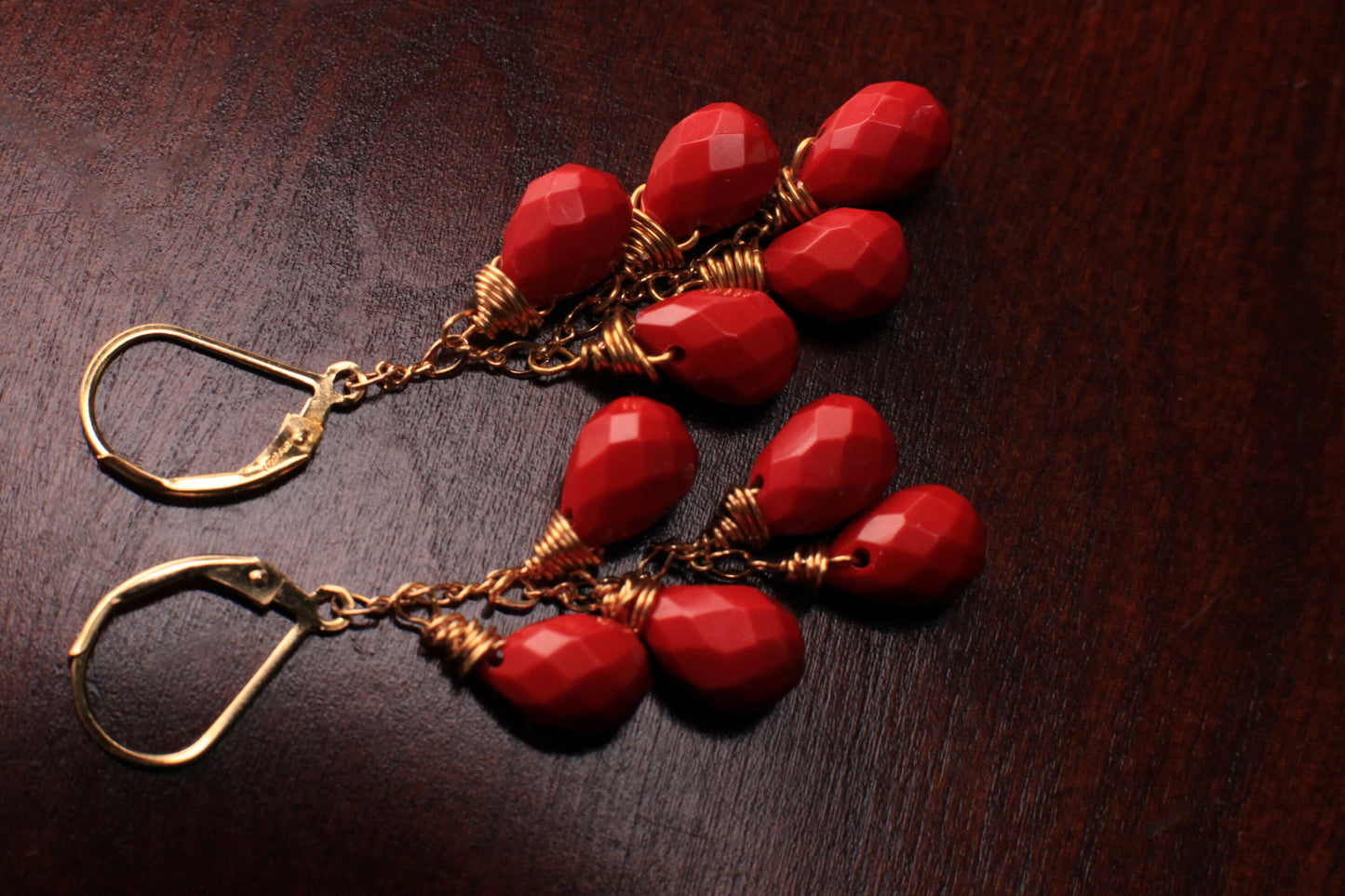 14K Gold Filled Faceted Red Coral Briolette Dangling Handmade Cascade Earrings