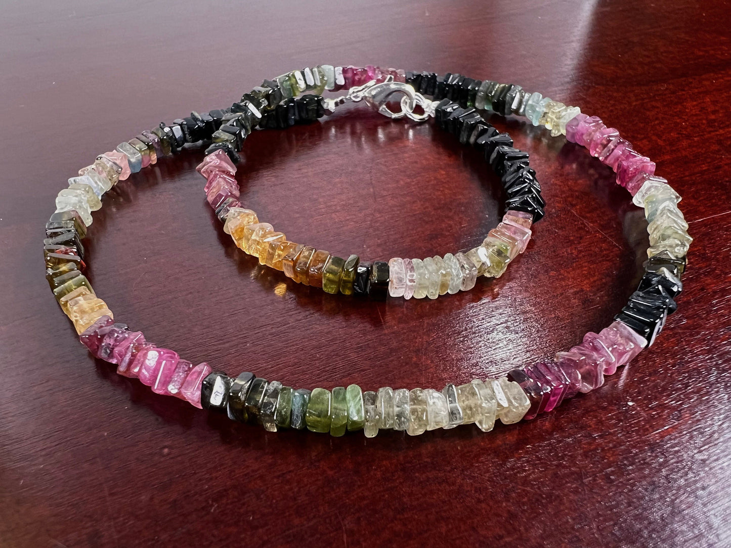 Genuine Multi Watermelon Tourmaline 4-4.5mm Heishi square silver Necklace for Man and Woman , Energy healing gems