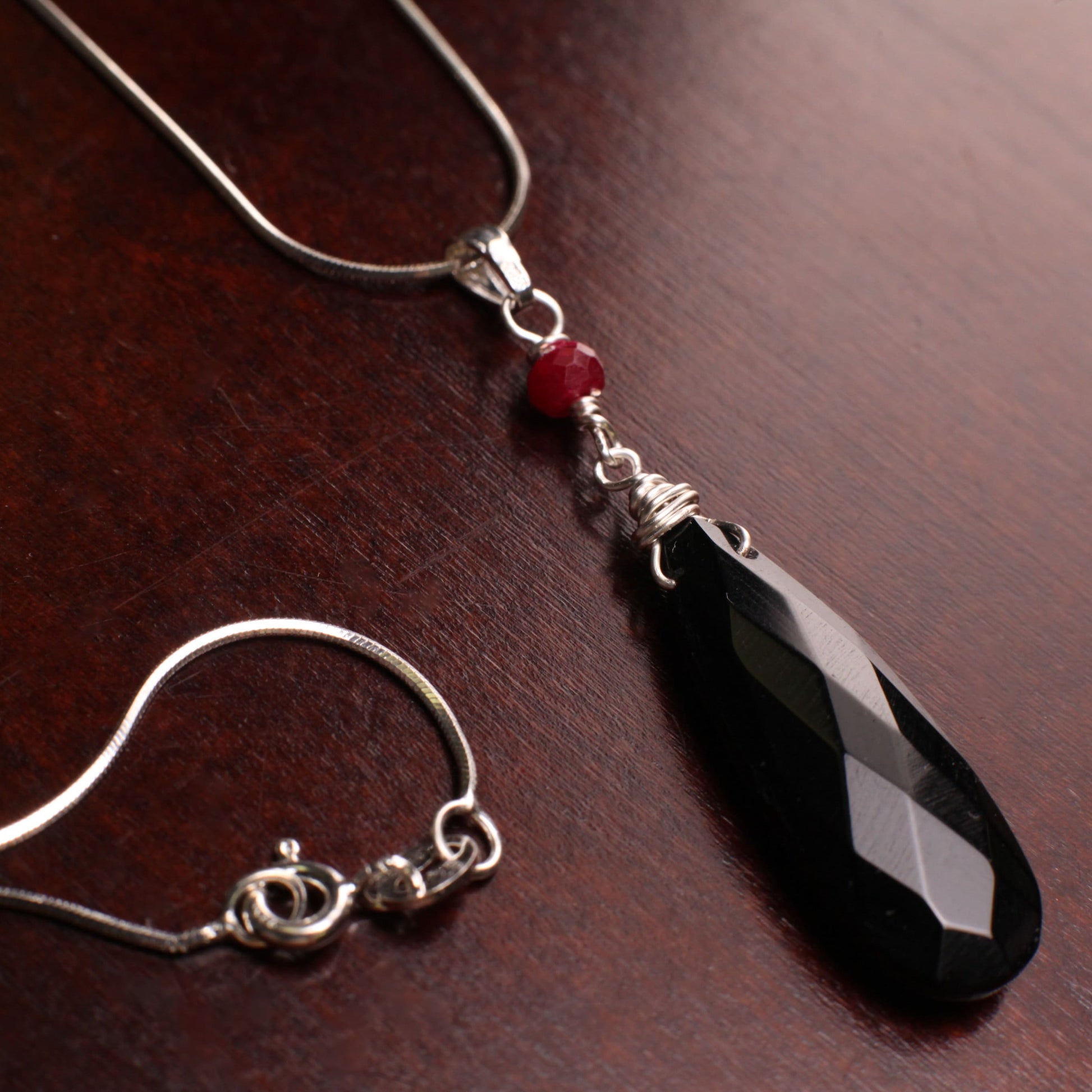 Black Onyx Faceted Long Pear Drop 10x30mm long drop 4mm Genuine Ruby accent 925 sterling silver Leverback Earring pendant set elegant Gift