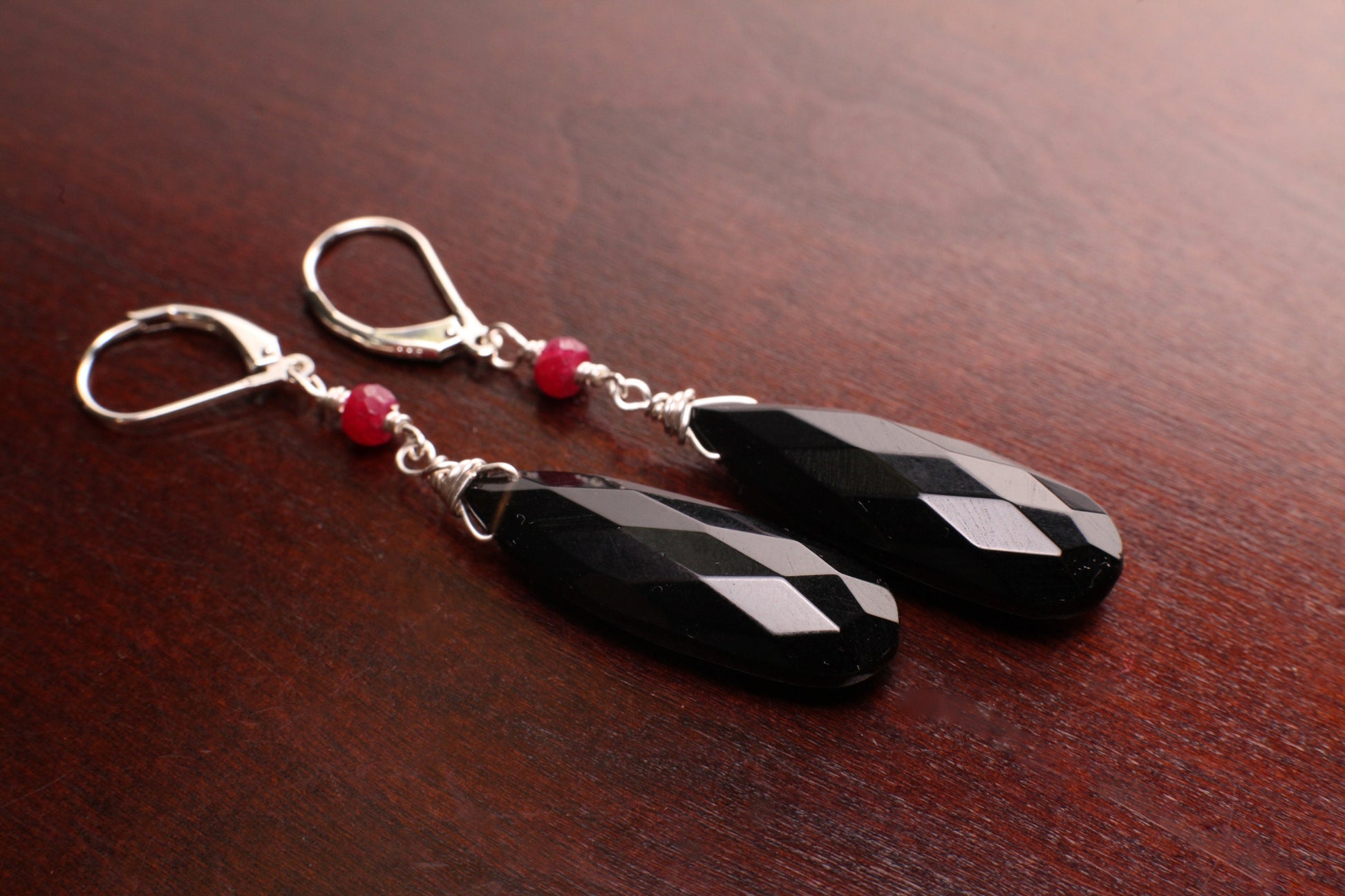Black Onyx Faceted Long Pear Drop 10x30mm long drop 4mm Genuine Ruby accent 925 sterling silver Leverback Earring pendant set elegant Gift