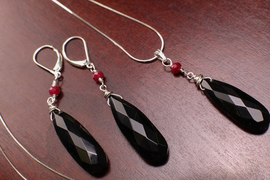 Black Onyx Faceted Long Pear Drop 10x30mm long drop 4mm Genuine Ruby accent 925 sterling silver Leverback Earring pendant set elegant Gift