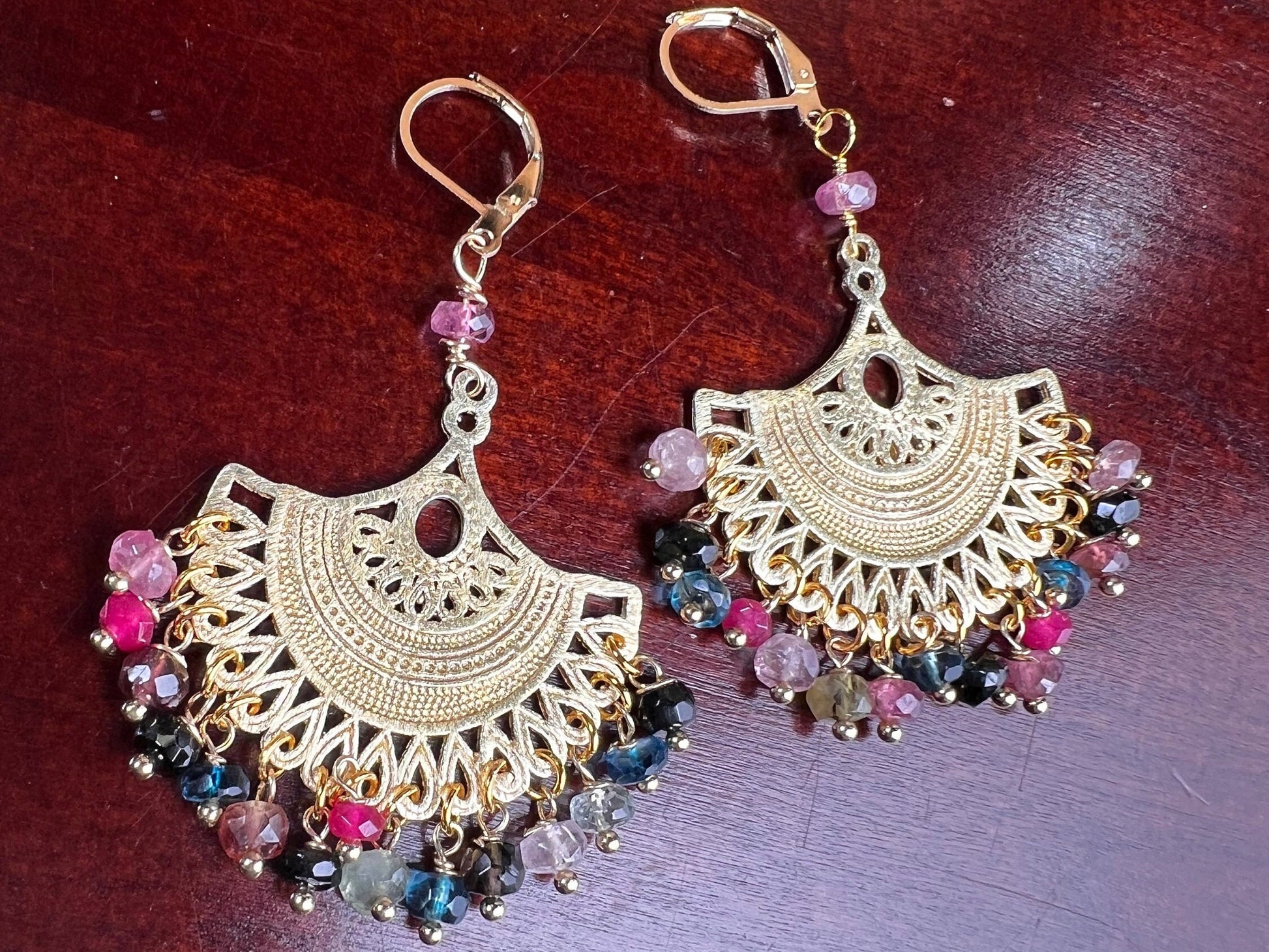 Watermelon Multi Tourmaline Faceted Roundel handmade wire Wrapped 18k Brush Gold Vermeil Earrings, Bridal, Boho, Handmade Gift