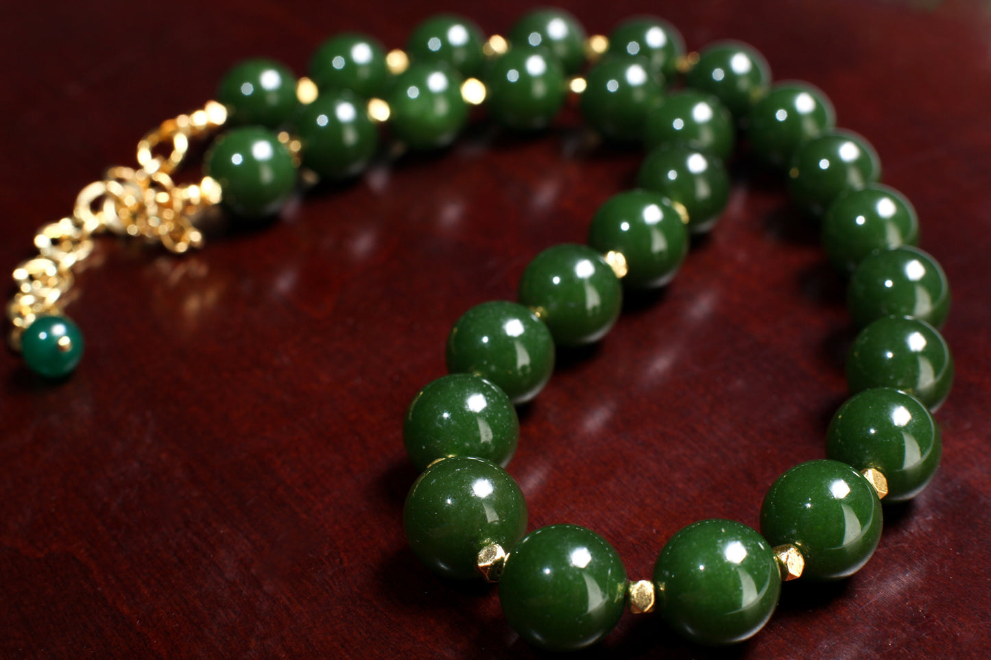 Canadian Nephrite Jade 12mm 18"Gold Necklace with 3" Extension Chain. High Quality Natural Jade smooth polished Bead. Gift for Mom