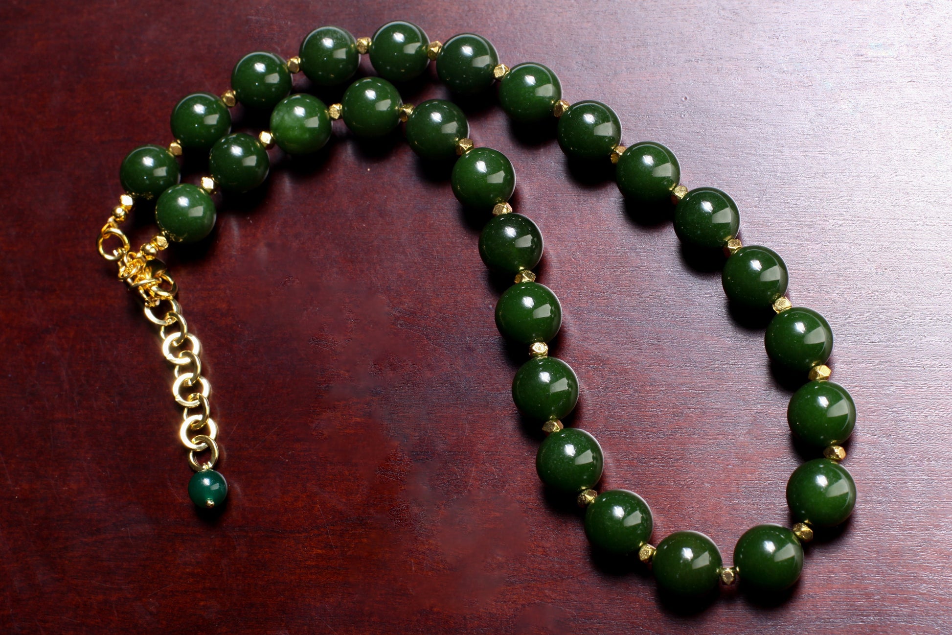 Canadian Nephrite Jade 12mm 18"Gold Necklace with 3" Extension Chain. High Quality Natural Jade smooth polished Bead. Gift for Mom