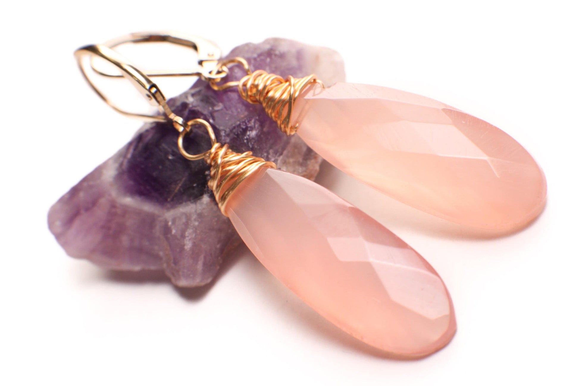 Pink Chalcedony faceted 10x 30mm long drop 14k gold filled Leverback earring. Handmade baby pink earring gift