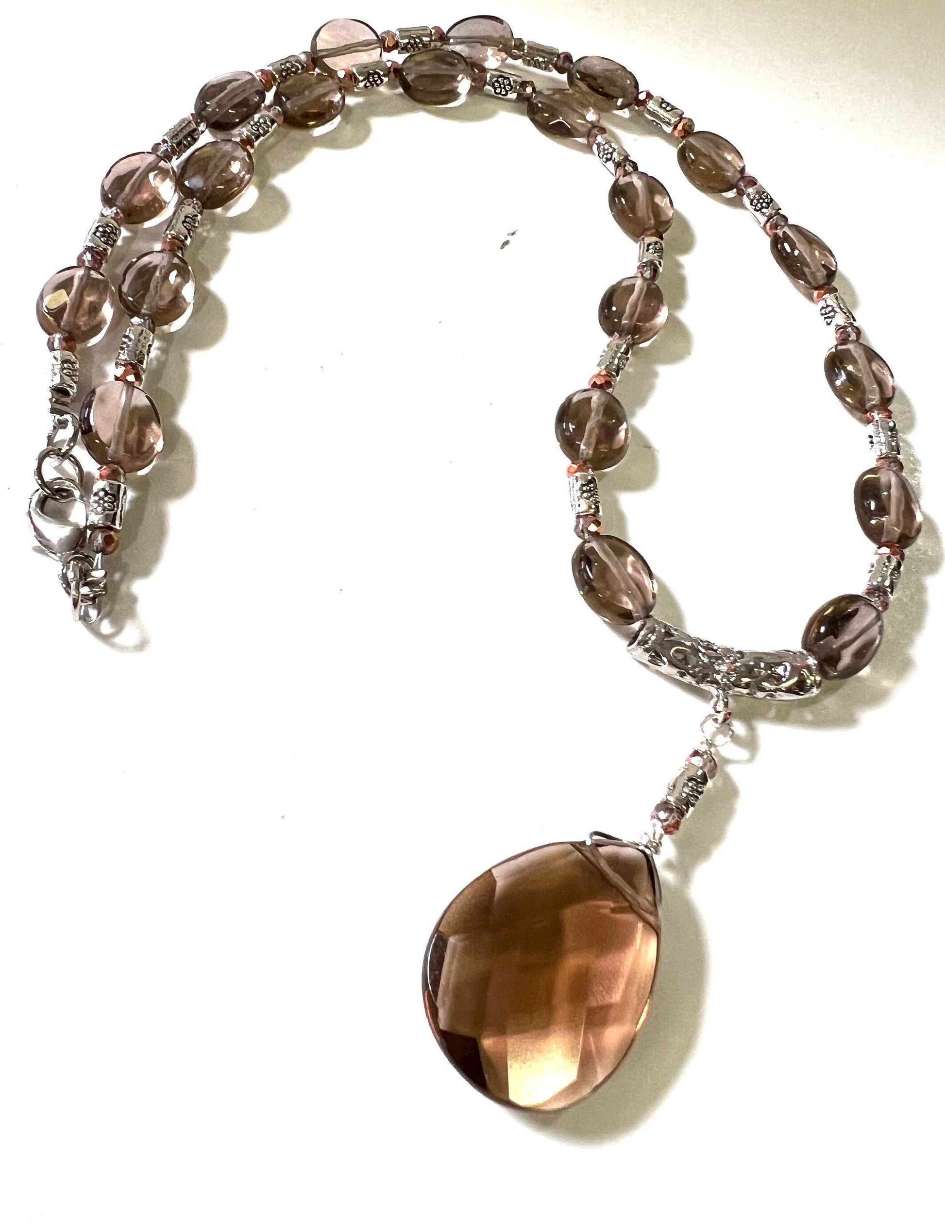 Genuine Smokey Quartz Necklace Faceted Oval 10x14mm Bali spacer dangling faceted large Drop Gemstone Silver handmade necklace.