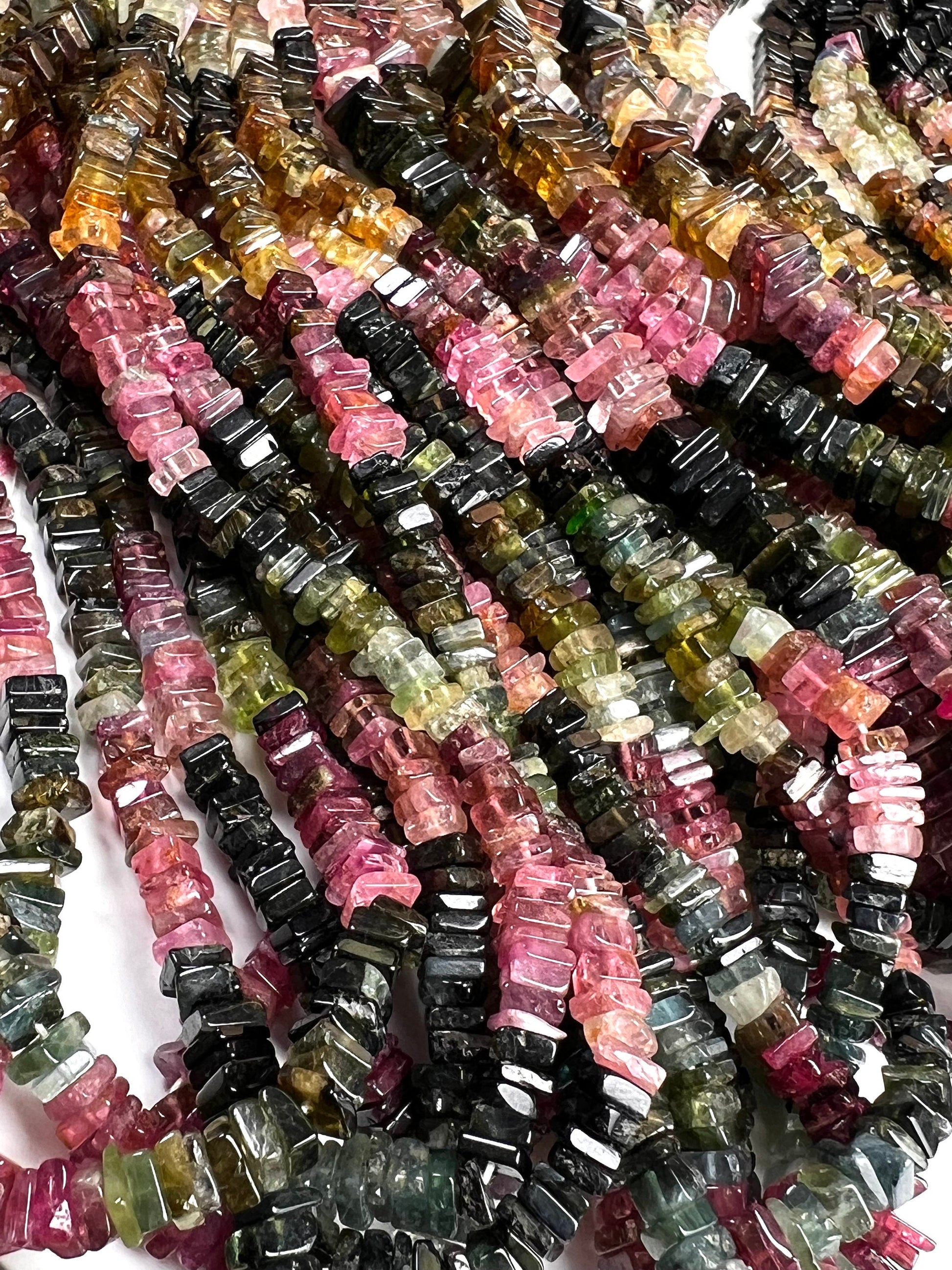 Natural Multi Watermelon Tourmaline Square Heishi raw smooth beads Jewelry Making, healing Beads 7", 14" St, 4-5mm