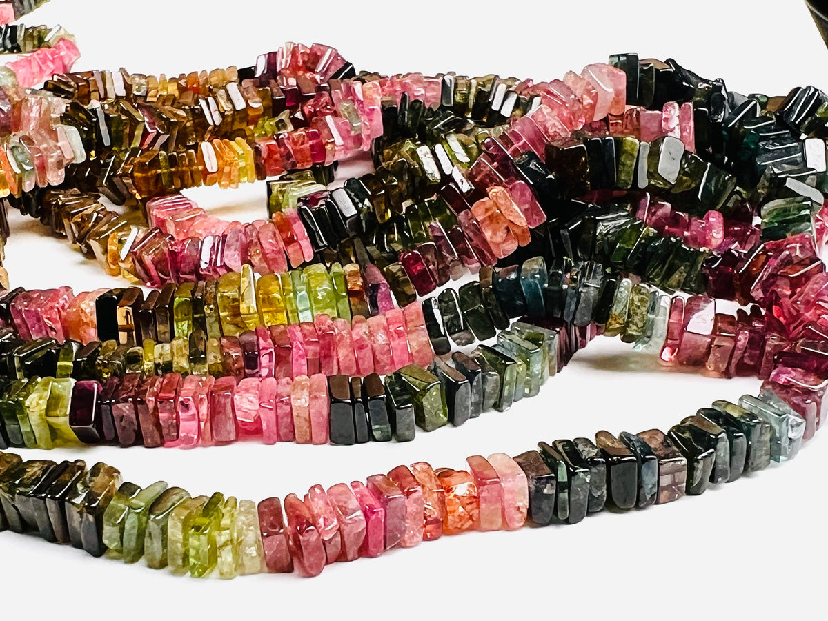 Natural Multi Watermelon Tourmaline Square Heishi raw smooth beads for Jewelry Making, 7", 14" St, 4-5mm