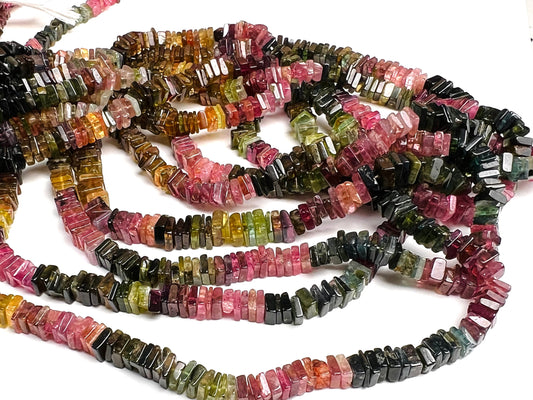 Natural Multi Watermelon Tourmaline Square Heishi raw smooth beads Jewelry Making, 7", 14" St, 4-5mm