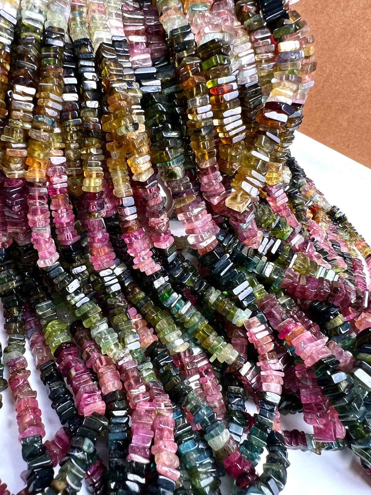 Natural Multi Watermelon Tourmaline Square Heishi raw smooth beads for Jewelry Making, 7", 14" St, 4-5mm