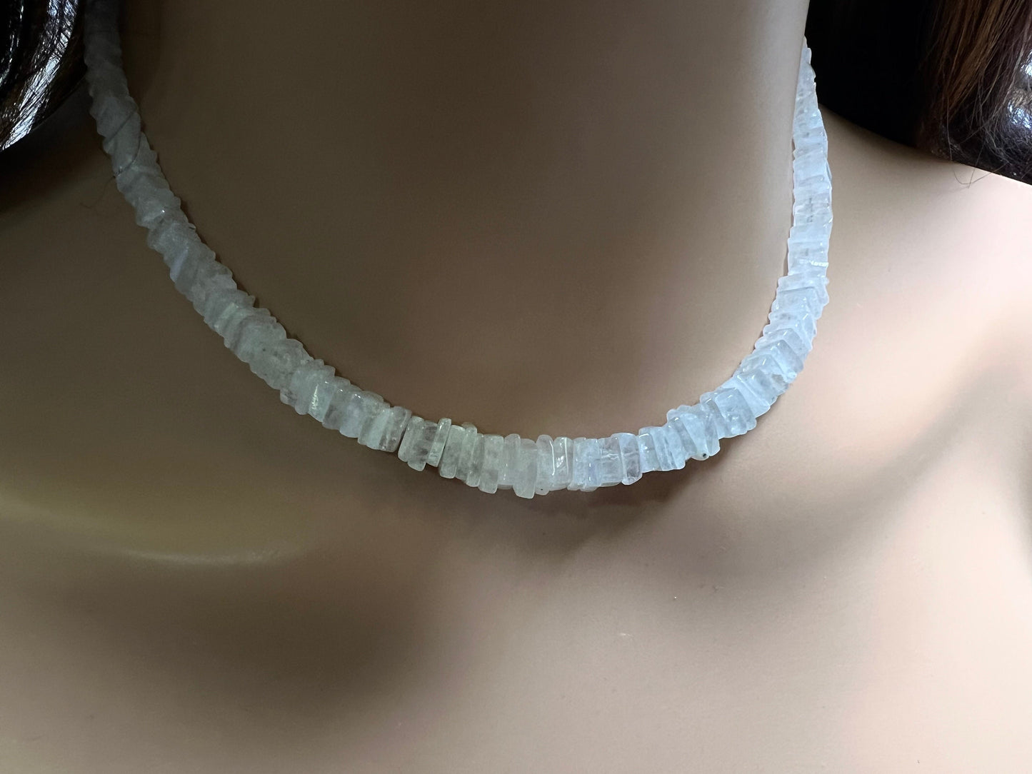 Natural Rainbow Moonstone square heishi 4-7.5mm graduated silver Necklace Healing, Energy, Gift