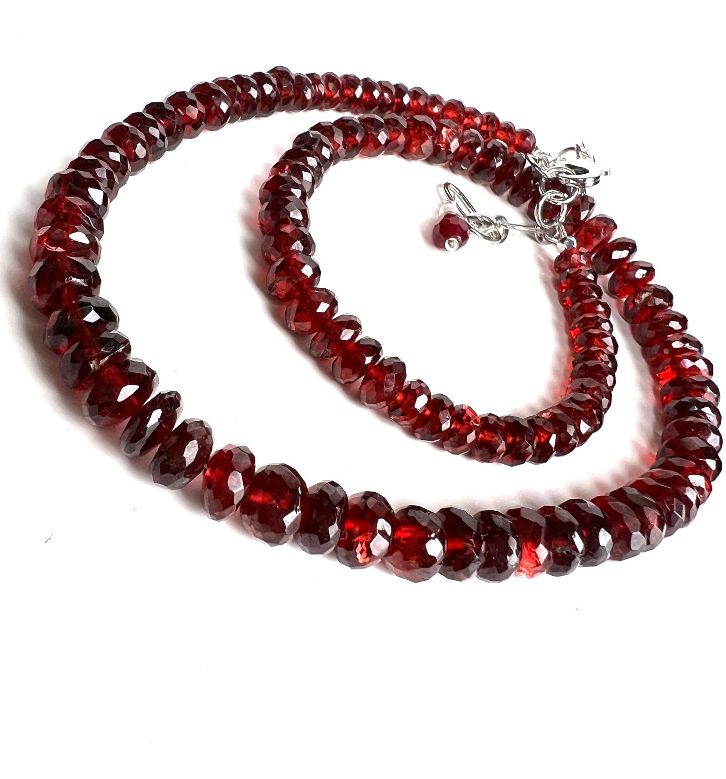 Genuine Garnet large AAA Faceted Rondelle Graduated 5-7mm Necklace with optional 3" Rhodium Extender Chain, January Birthstone