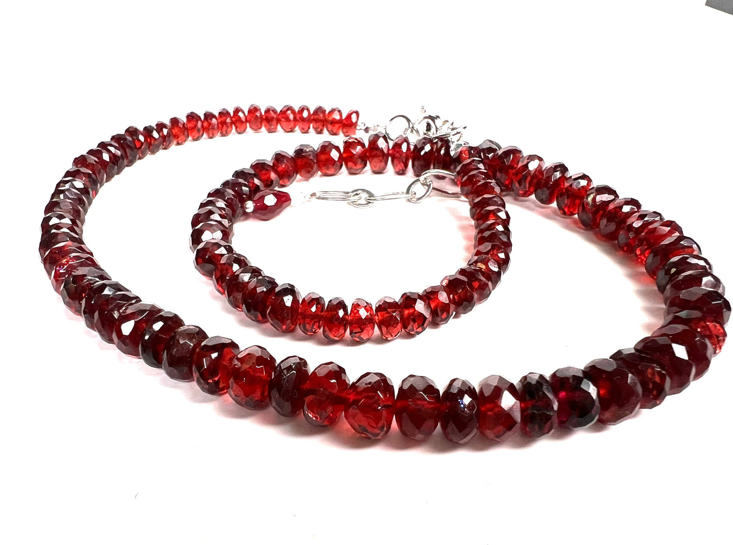 AAA Garnet Graduated Rondelle Necklace, Rhodium Sterling Silver Clasp. 6.5-8mm large garnet