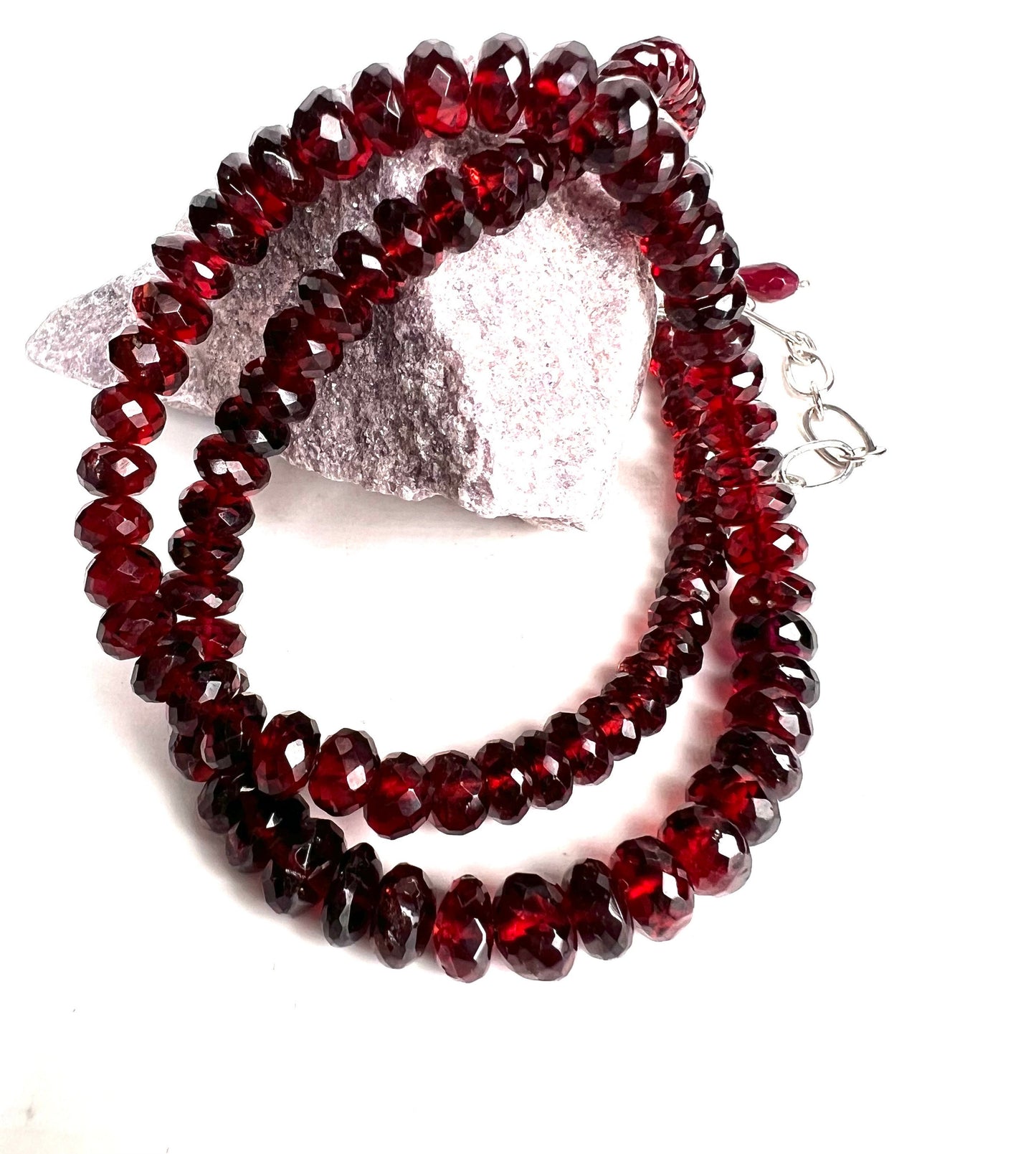 Genuine Garnet large AAA Faceted Rondelle Graduated 5-7mm Necklace with optional 3" Rhodium Extender Chain, January Birthstone