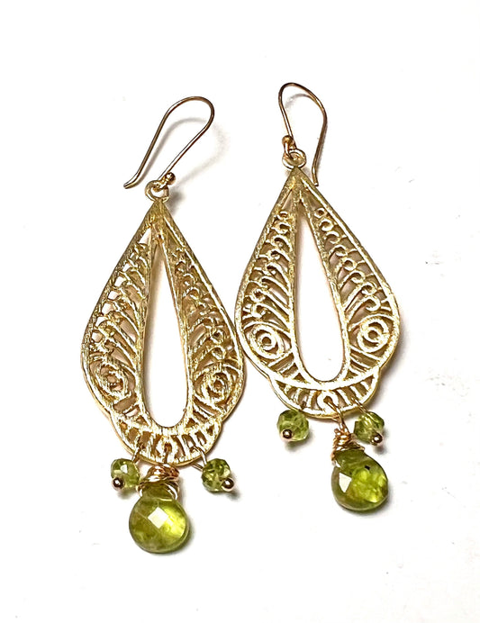 Brush Gold Vermeil with Natural Peridot dangling wire wrapped handmade Earring .August Birthston