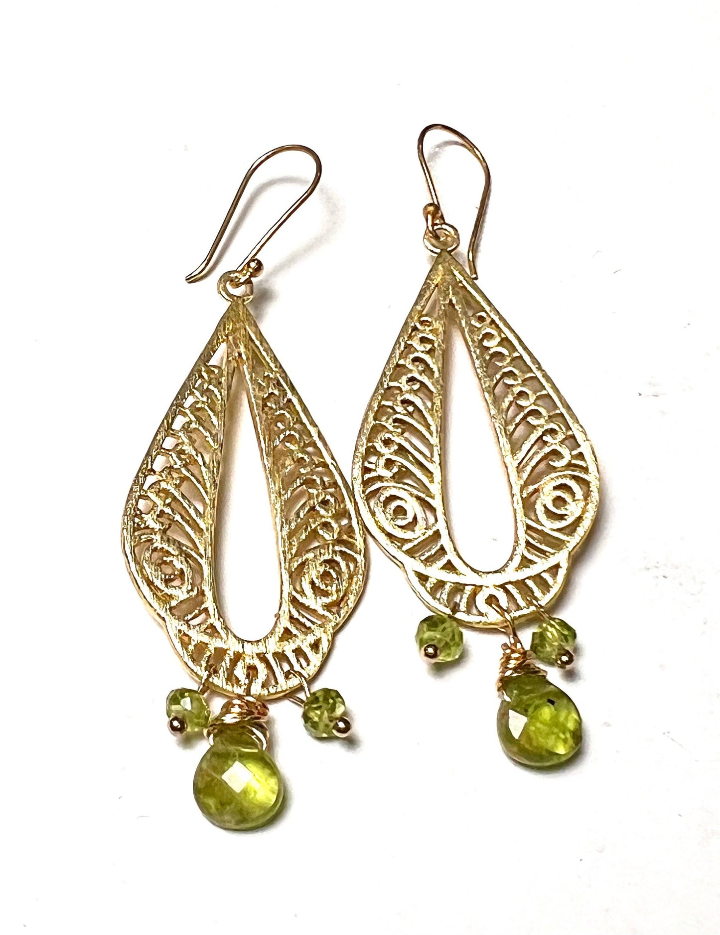 Brush Gold Vermeil with Natural Peridot dangling wire wrapped handmade Earring, August Birthstone