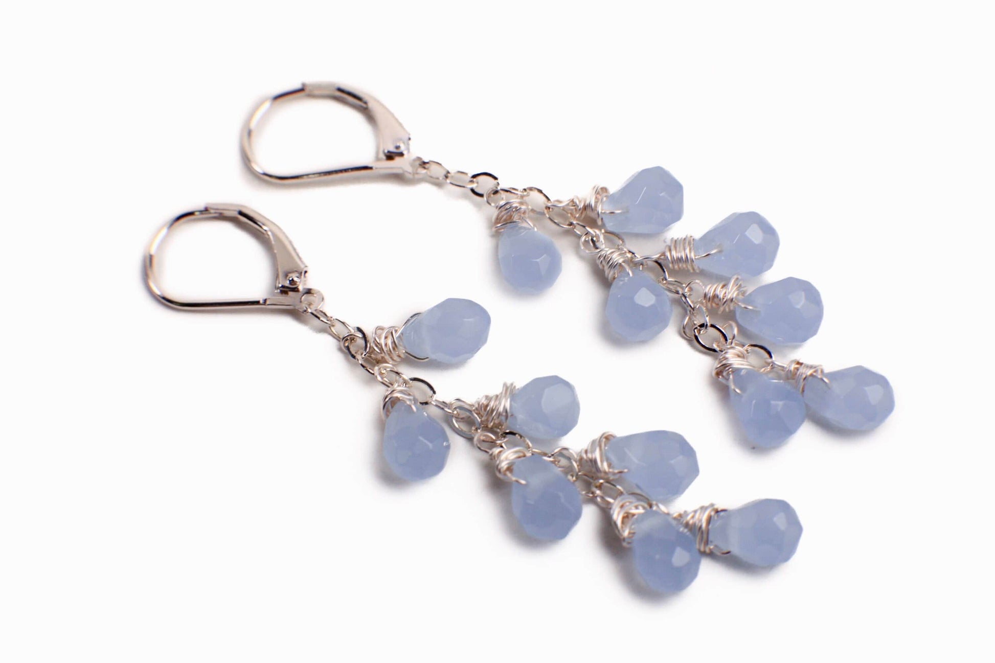 Blue Chalcedony Faceted Briolette Handmade Sterling Silver Wire Wrapped Dangling Tear Drop Cascade Earrings in 925 Sterling Silver
