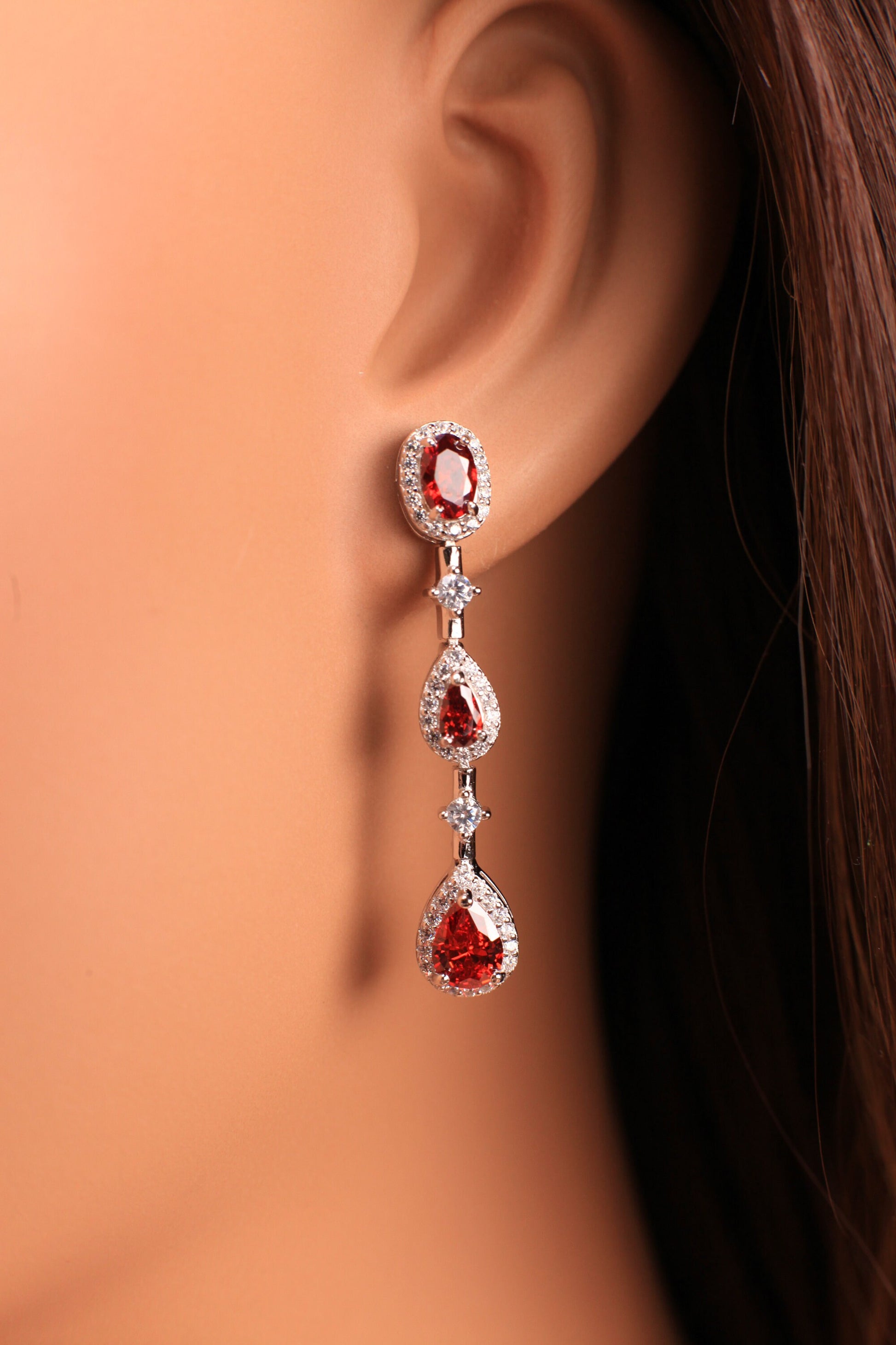 Garnet 925 Sterling Silver earrings. Mozambique Garnet Teadrop 6x40mm dangling on CZ diamond setting Earrings, 925 stamped, gift for her