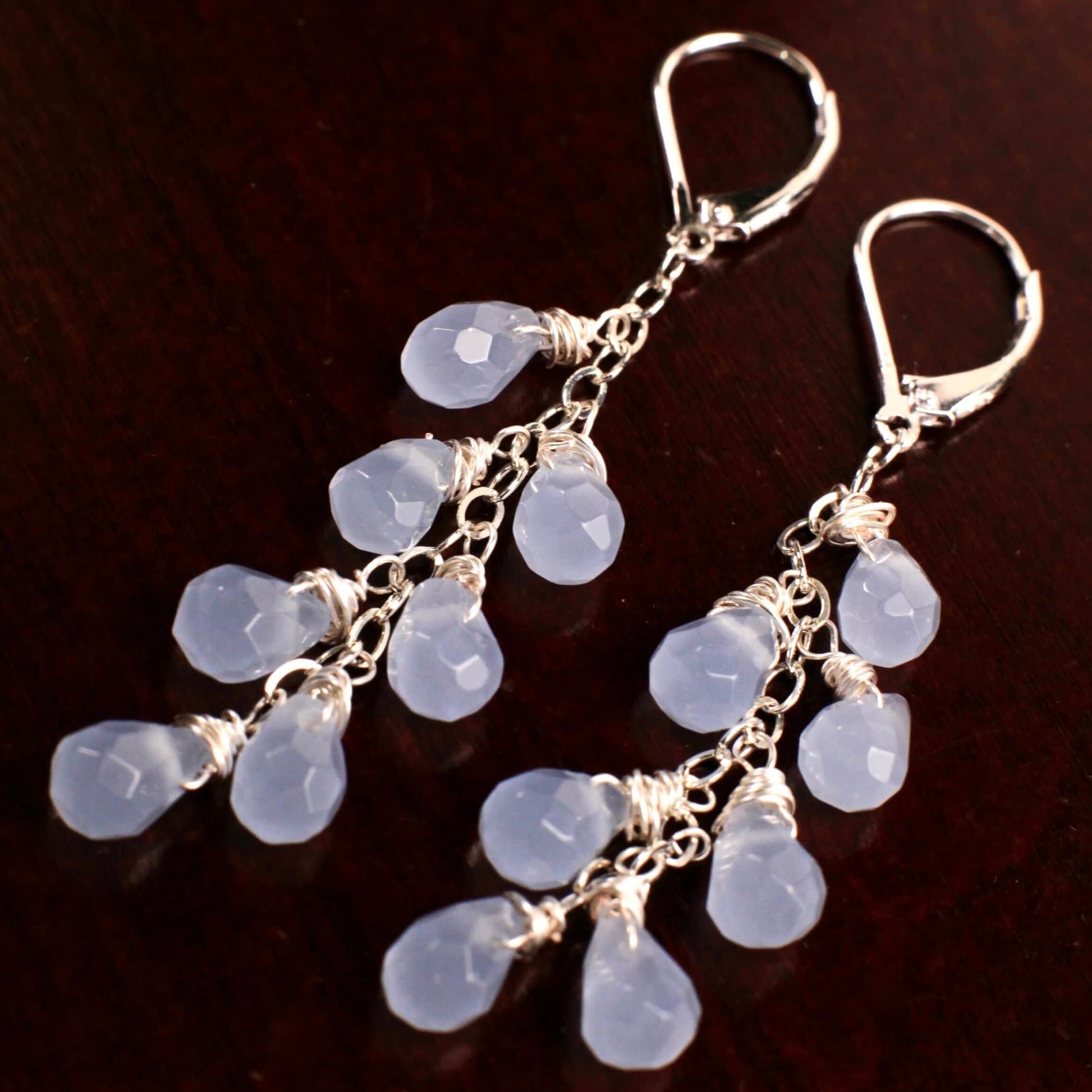 Blue Chalcedony Faceted Briolette Handmade Sterling Silver Wire Wrapped Dangling Tear Drop Cascade Earrings in 925 Sterling Silver