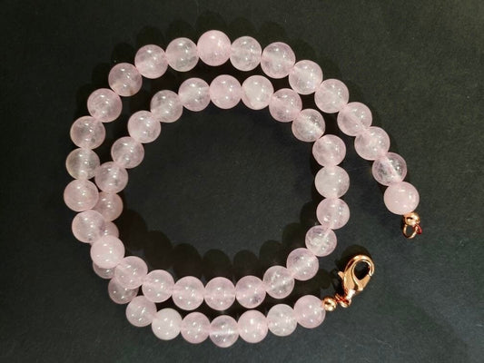 Natural Rose Quartz 8mm smooth Round beaded Rose Gold Necklace .Soft pink Gemstone for Love valentine gift