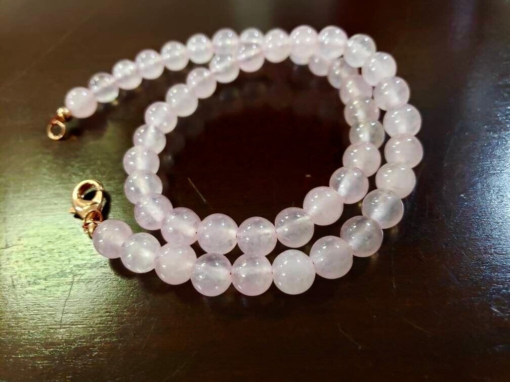 Natural Rose Quartz 8mm smooth Round beaded Rose Gold Necklace .Soft pink Gemstone for Love valentine gift