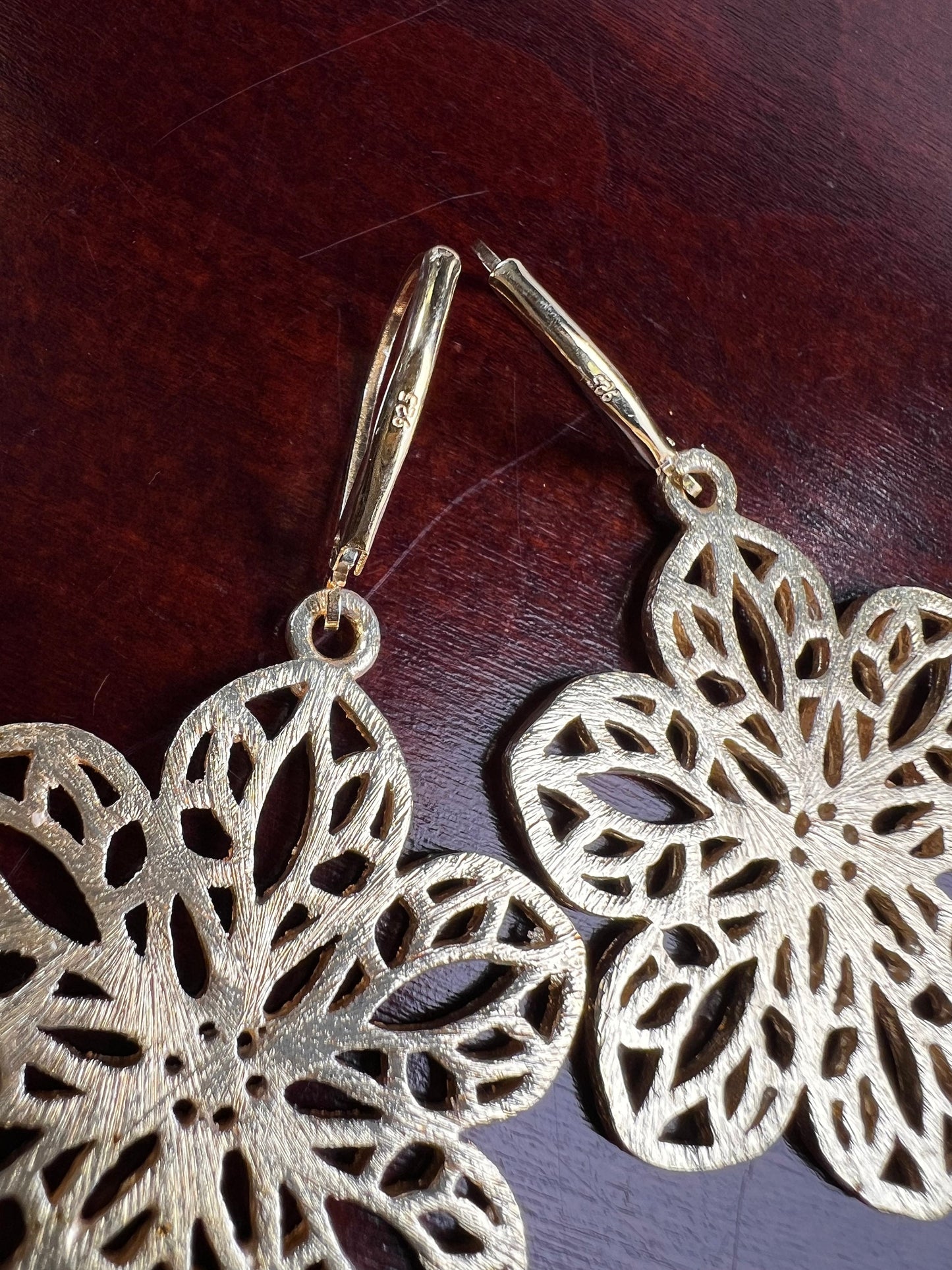 18k Gold Vermeil Bali brush gold Filigree flower 28x35mm Handmade Leverback Earrings, beautiful light yellow gold color Earrings, gift