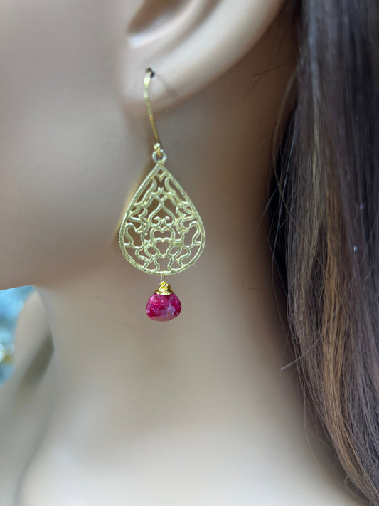 18k Gold Vermeil Bali brush gold Filigree 23x35mm long Handmade Earrings dangling with genuine Ruby heart drop, yellow gold Earrings, gift