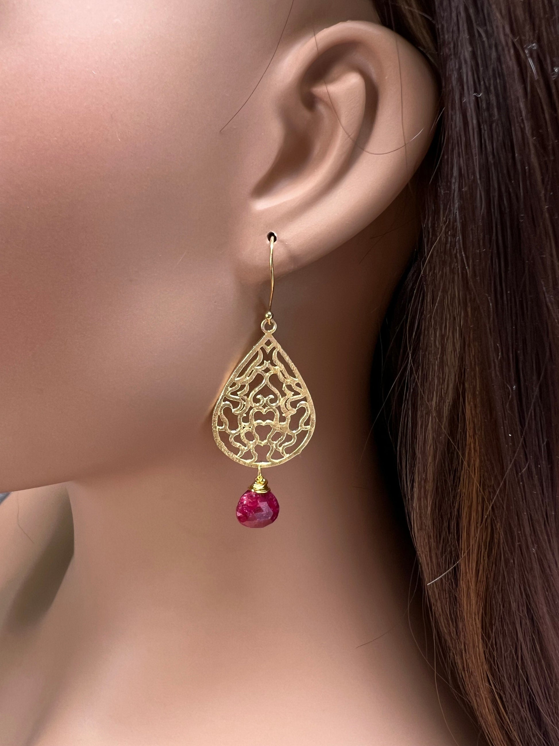 18k Gold Vermeil Bali brush gold Filigree 23x35mm long Handmade Earrings dangling with genuine Ruby heart drop, yellow gold Earrings, gift