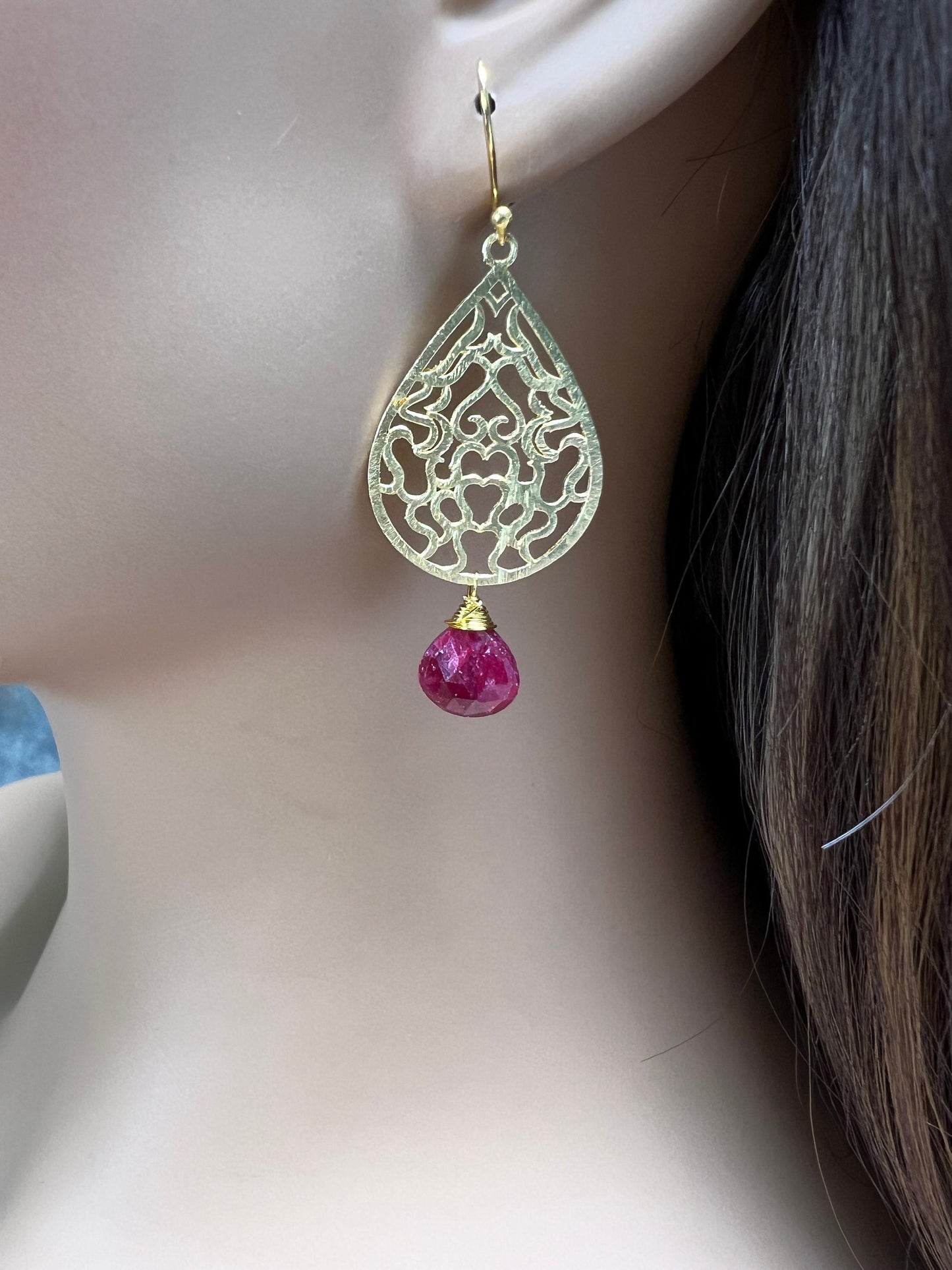 18k Gold Vermeil Bali brush gold Filigree 23x35mm long Handmade Earrings dangling with genuine Ruby heart drop, yellow gold Earrings, gift