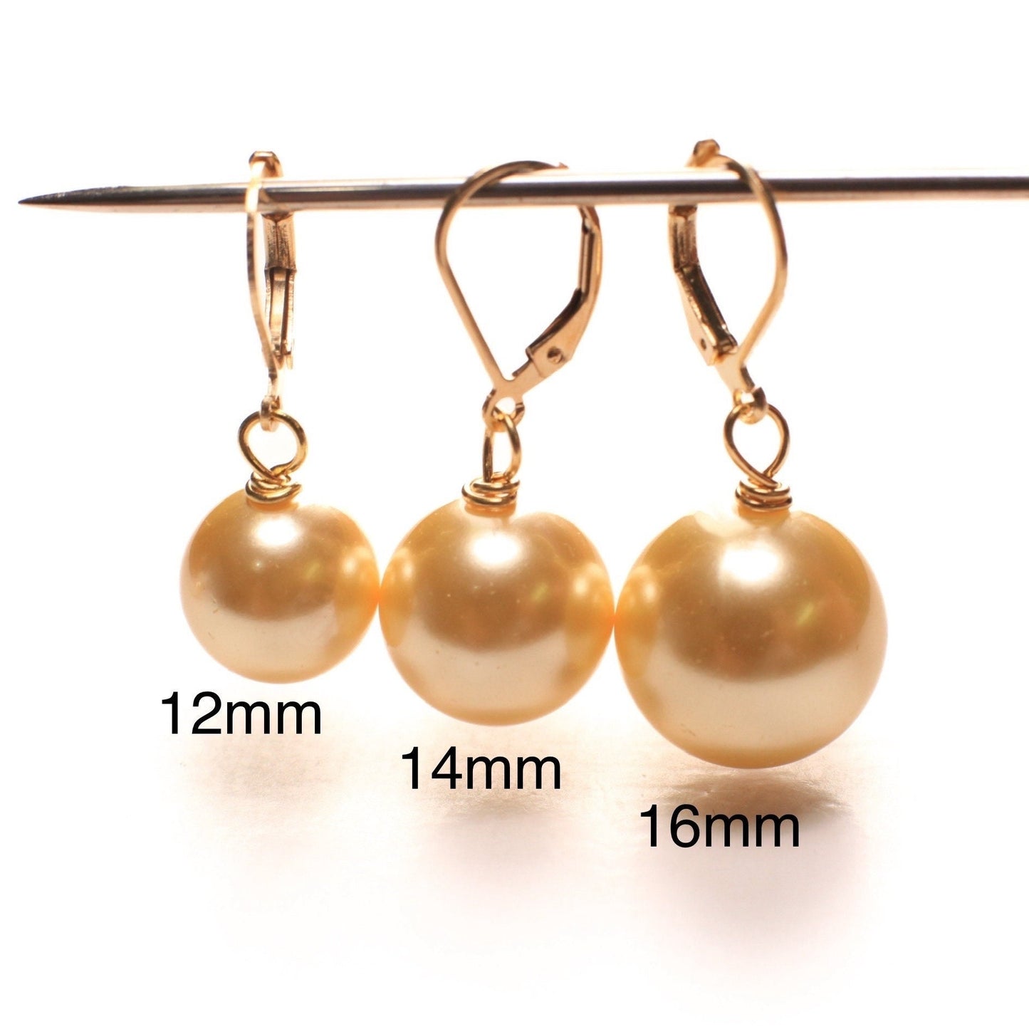 Golden Yellow South Sea Shell Pearl 12, 14, 16mm Large High Luster in Gold Plated, 18K Gold Vermeil Leverback Earrings, Bridal, Gift for Her