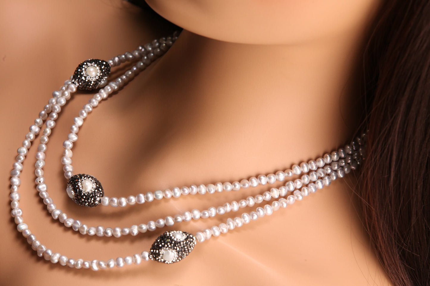 Natural Freshwater Pearl 3 Layer Bib Necklace freshwater crystal oval spacer 16x25mm Necklace