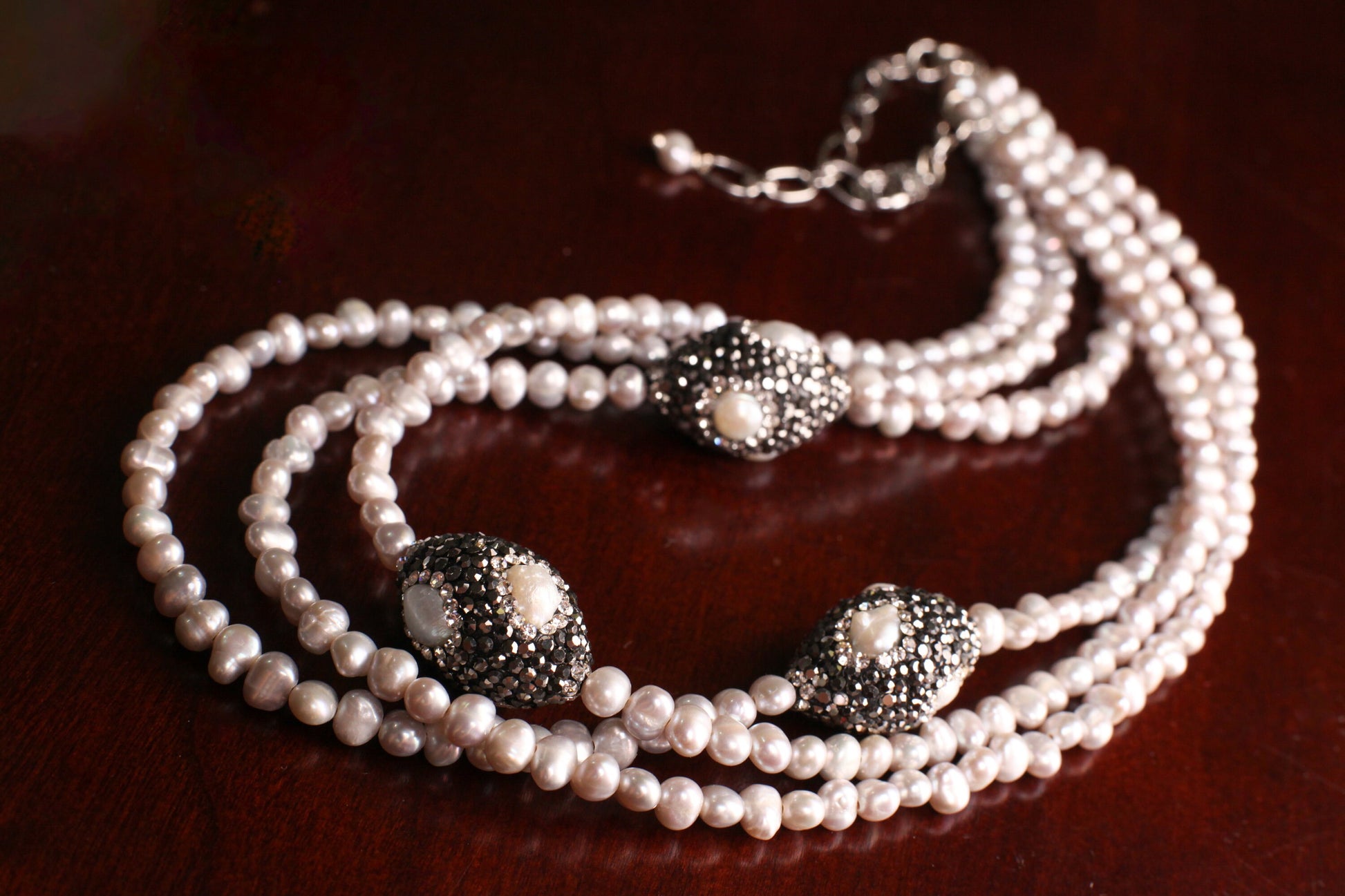 Natural Freshwater Pearl 3 Layer Bib Necklace freshwater crystal oval spacer 16x25mm Necklace