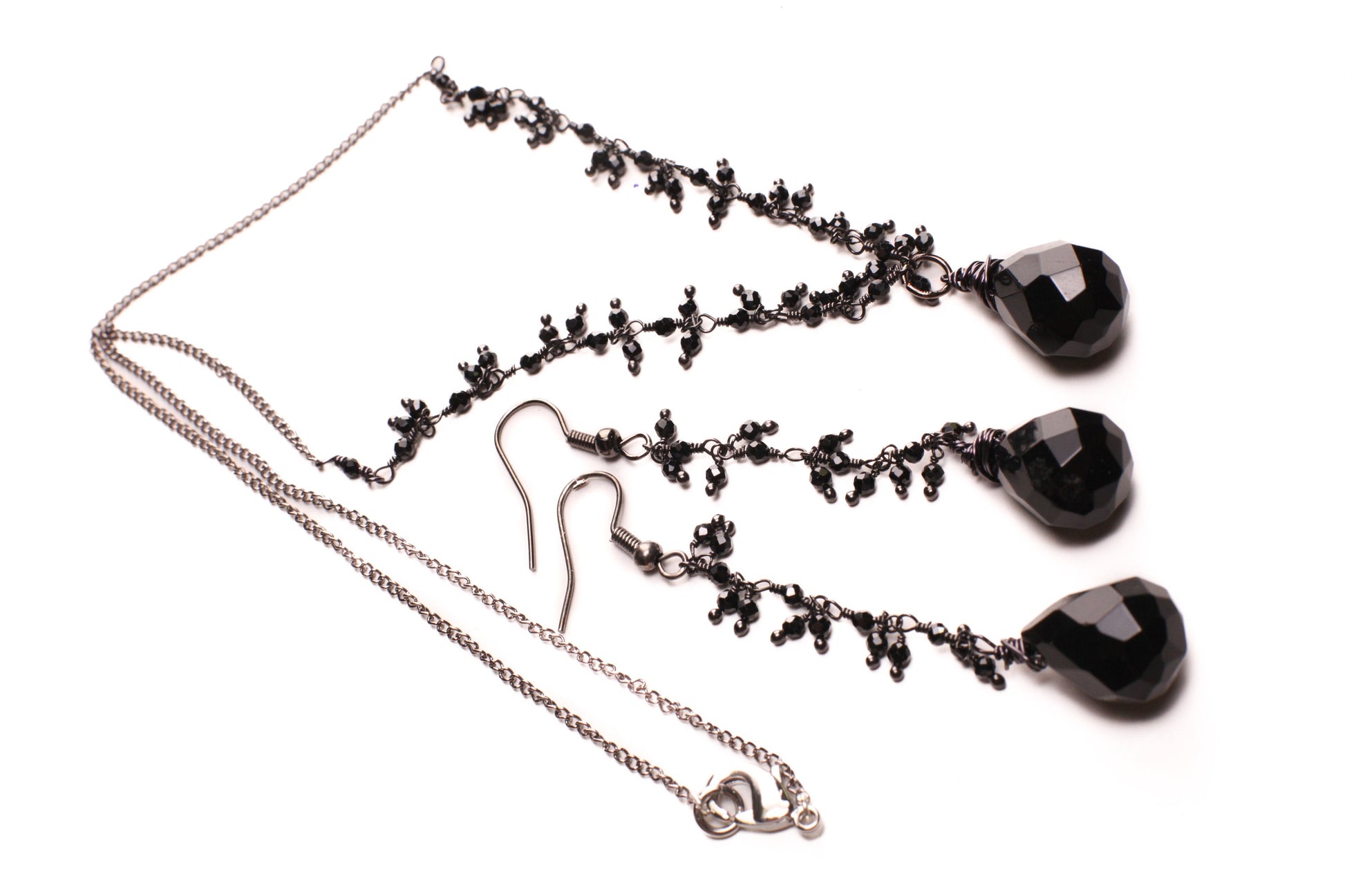 Black Onyx Teardrop Dangling with Black Spinel Clusters Wire Wrapped Necklace, Matching Earrings Jewelry Set Handmade Gift