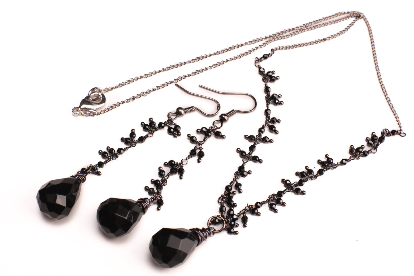 Black Onyx Teardrop Dangling with Black Spinel Clusters Wire Wrapped Necklace, Matching Earrings Jewelry Set Handmade Gift