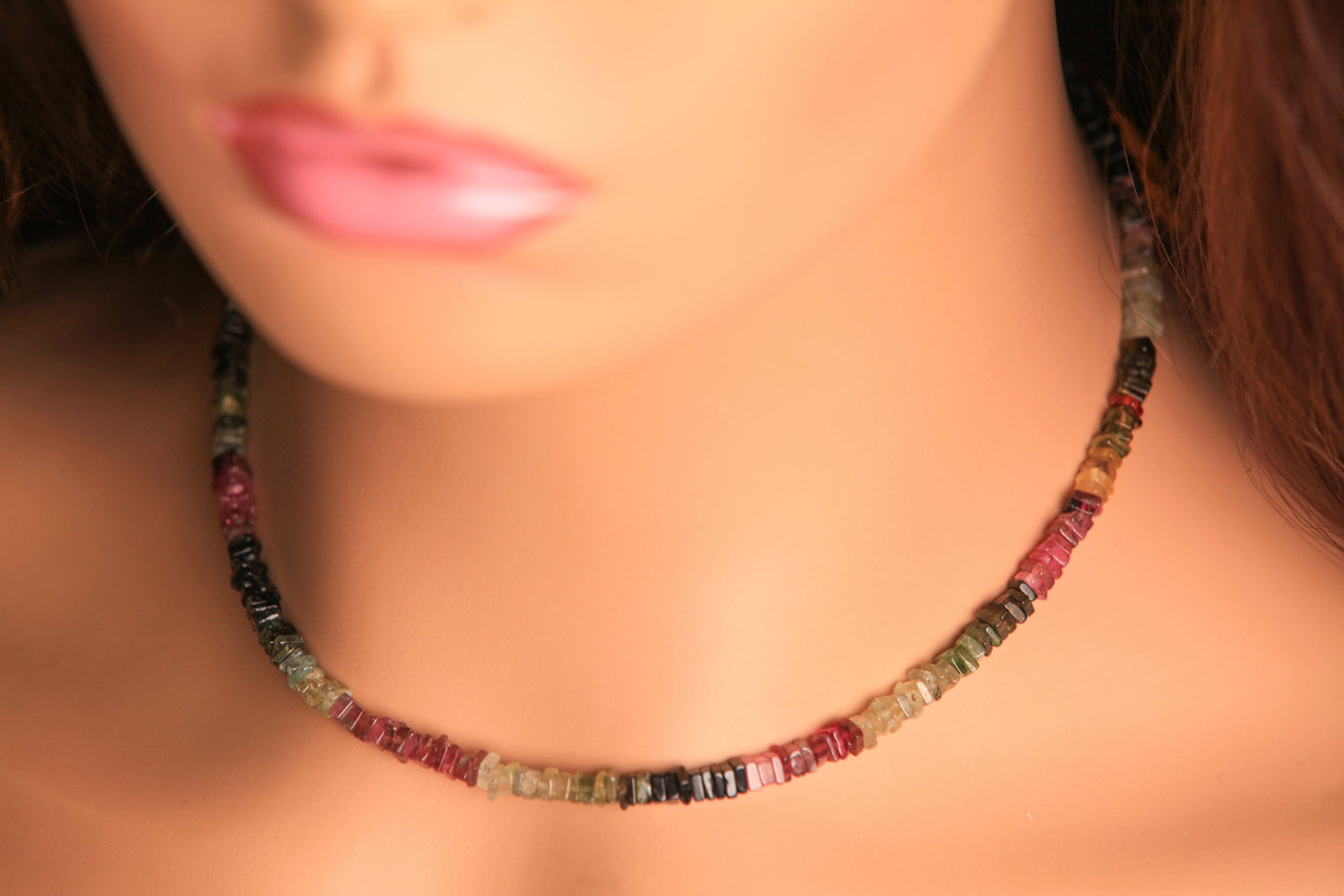 Genuine Multi Watermelon Tourmaline 4-4.5mm Heishi square silver Necklace for Man and Woman , Energy healing gems