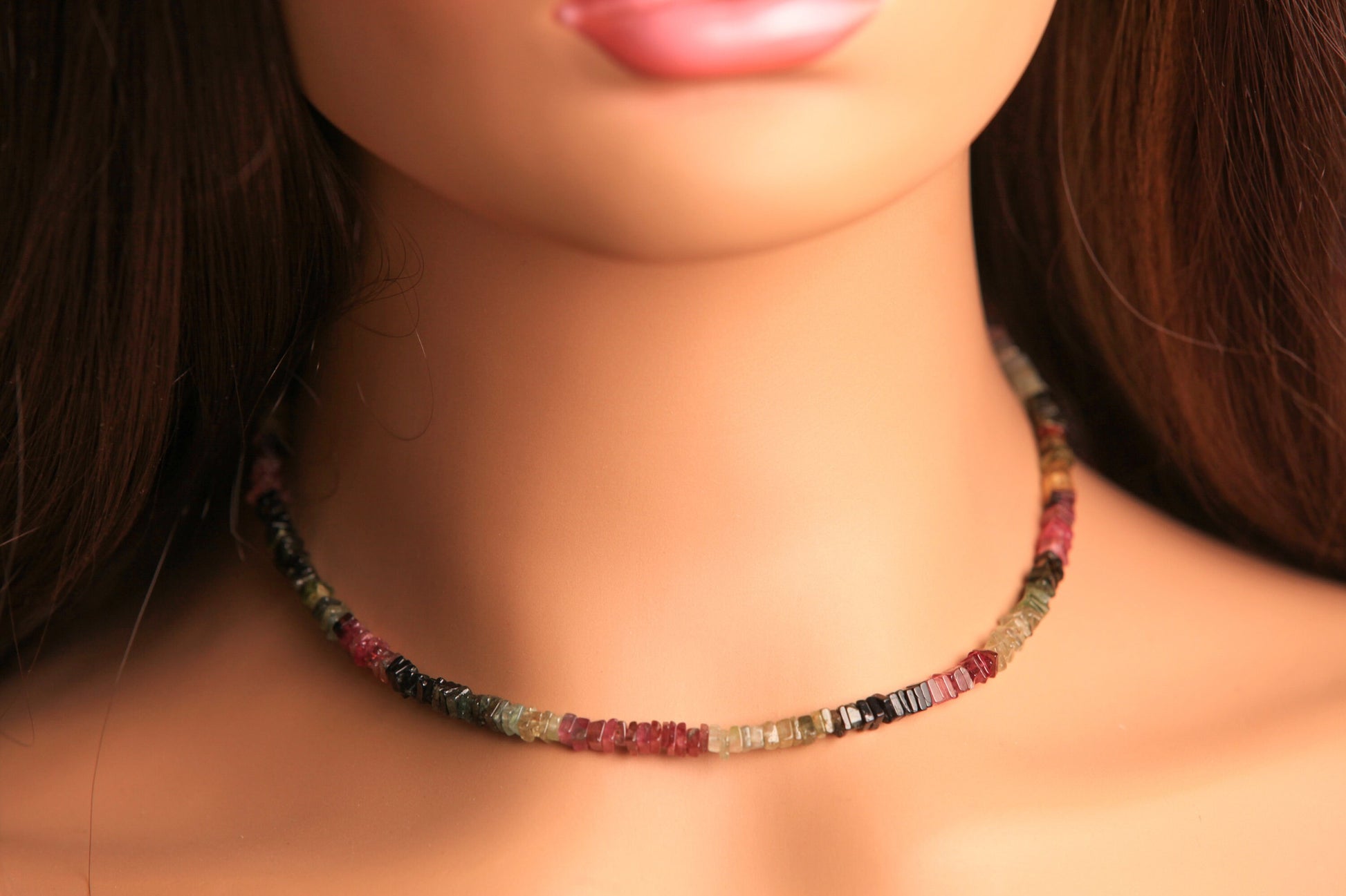 Genuine Multi Watermelon Tourmaline 4-4.5mm Heishi square silver Necklace for Man and Woman , Energy healing gems