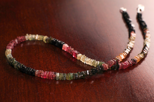 Genuine Multi Watermelon Tourmaline 4-4.5mm Heishi square silver Necklace for Man and Woman , Energy healing gems