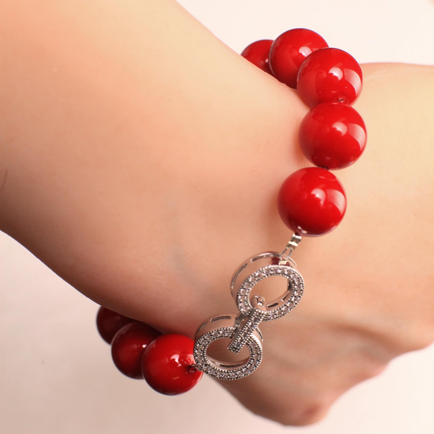 Red South Sea Shell Pearl 12mm High Luster CZ diamond fancy Hook and Eye Silver Rhodium Clasp Bracelet, Gift for Her
