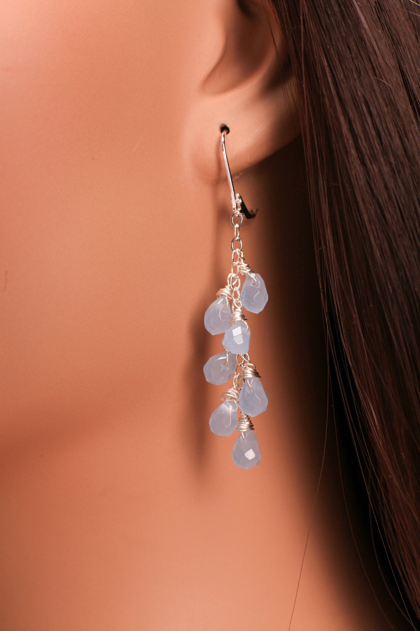 Blue Chalcedony Faceted Briolette Handmade Sterling Silver Wire Wrapped Dangling Tear Drop Cascade Earrings in 925 Sterling Silver