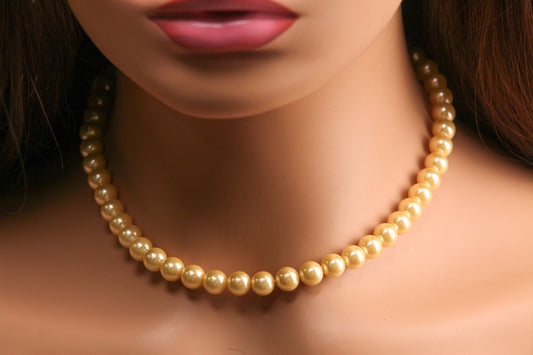 Golden Yellow South SeaShell Pearl High Luster Statement Necklace ball Clasp Necklace, Bridal, party wear. 8,10,12mm size
