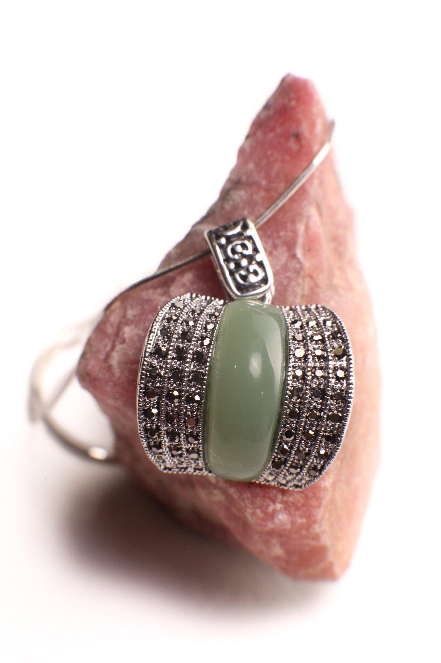 Marcasite Jade pendant 925 Sterling Silver Necklace, Vintage, Antique Marcasite Gift for her