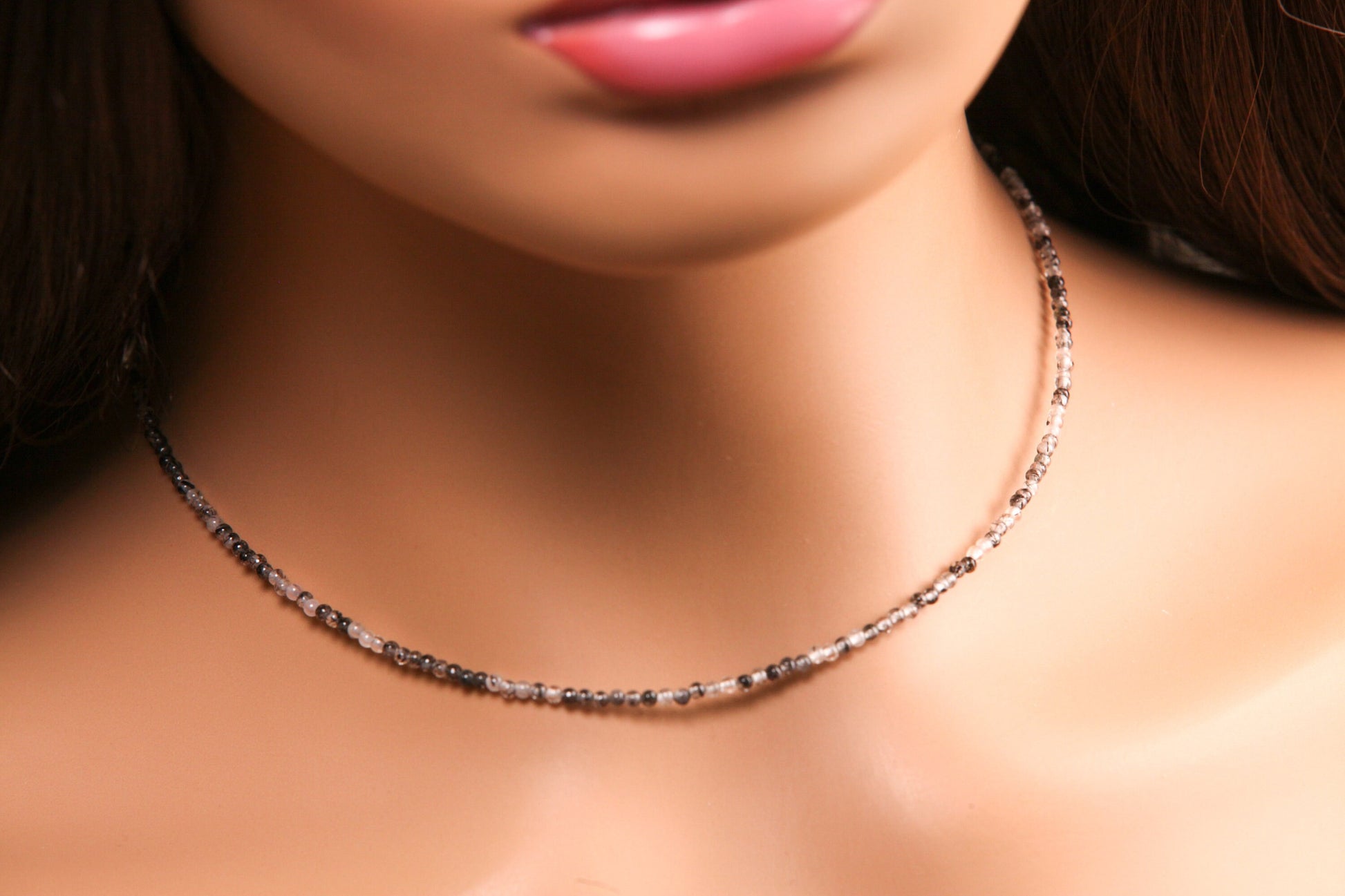 Natural Black Rutilated Quartz AAA High Quality Necklace 2mm smooth round beaded Choker Minimalist, Layering Necklace