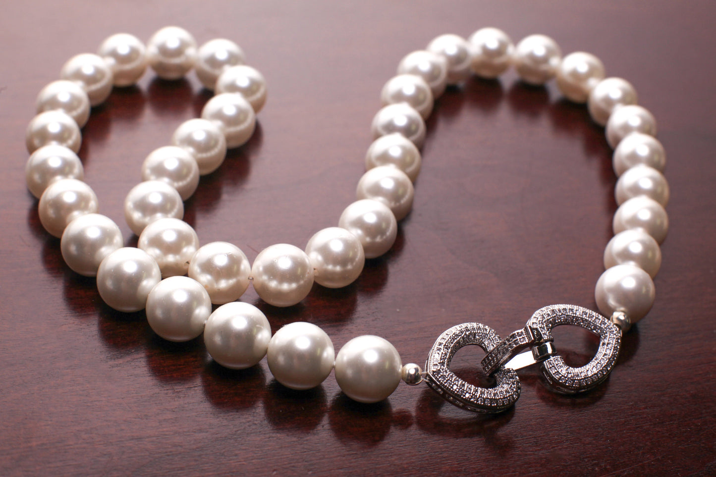 South Sea Shell Pearl 12mm White High Luster CZ Diamond Fancy clasp Statement Necklace elegant Gift for Her