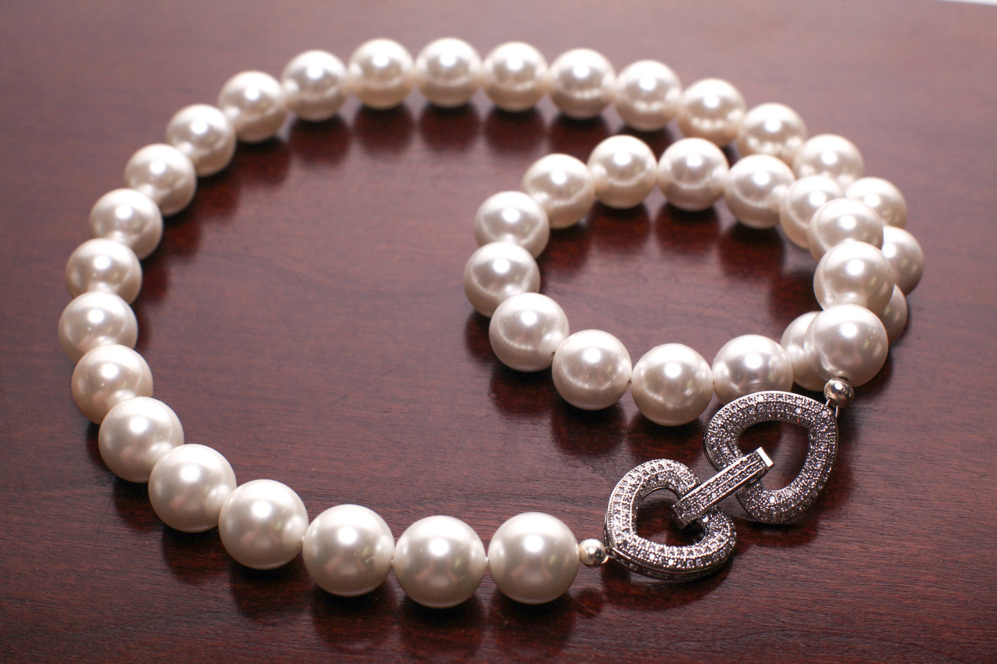 South Sea Shell Pearl 12mm White High Luster CZ Diamond Fancy clasp Statement Necklace elegant Gift for Her