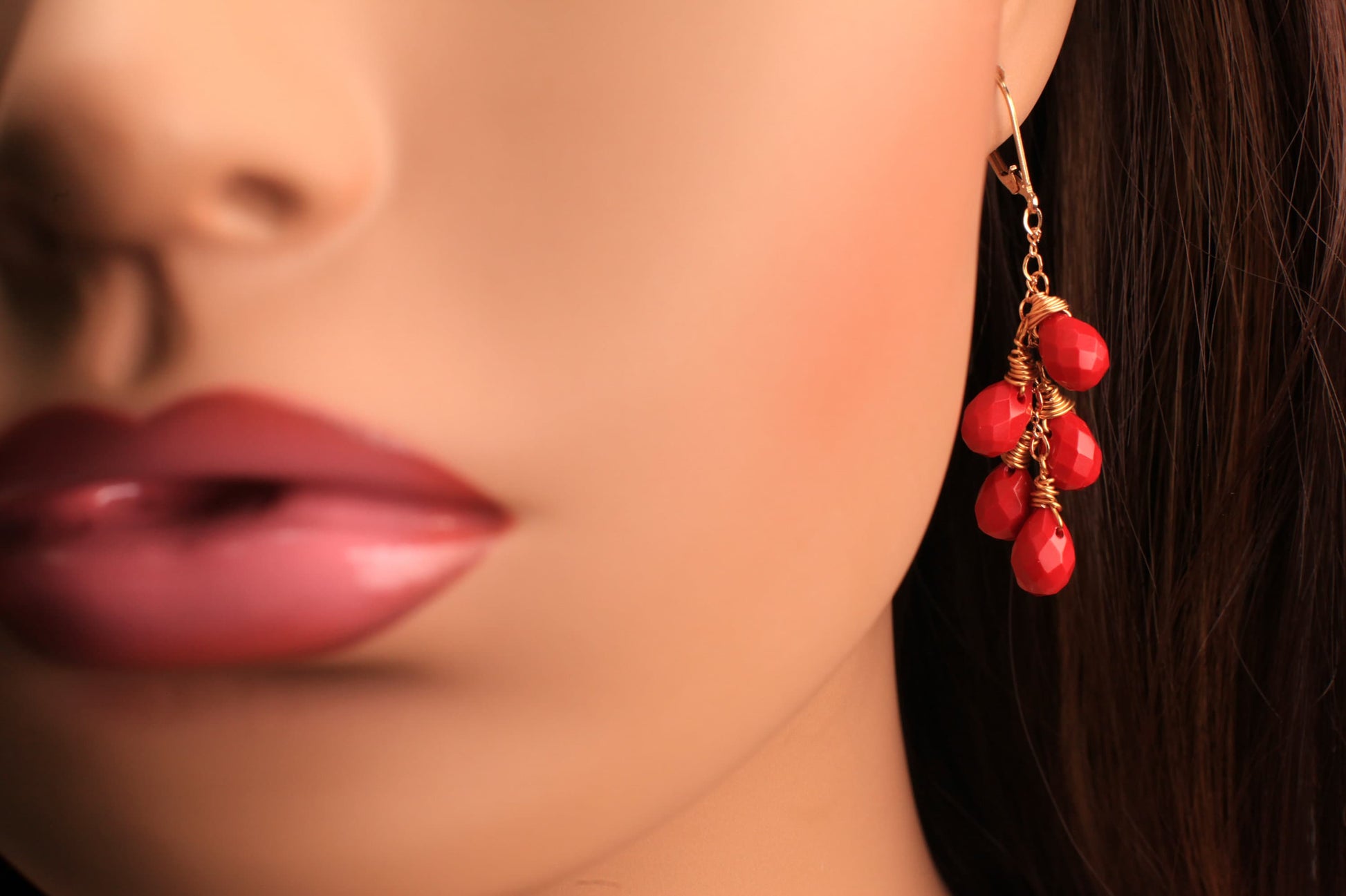 14K Gold Filled Faceted Red Coral Briolette Dangling Handmade Cascade Earrings