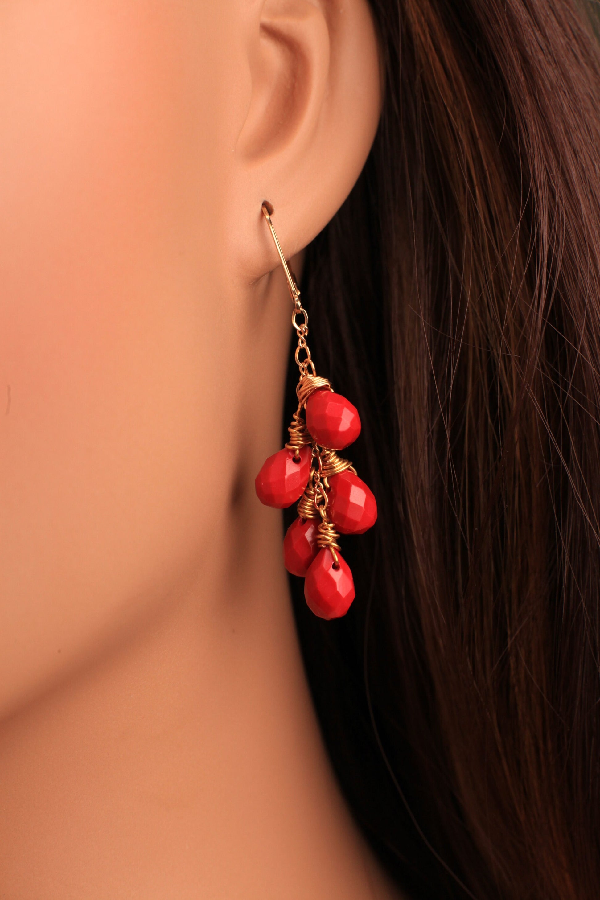 14K Gold Filled Faceted Red Coral Briolette Dangling Handmade Cascade Earrings