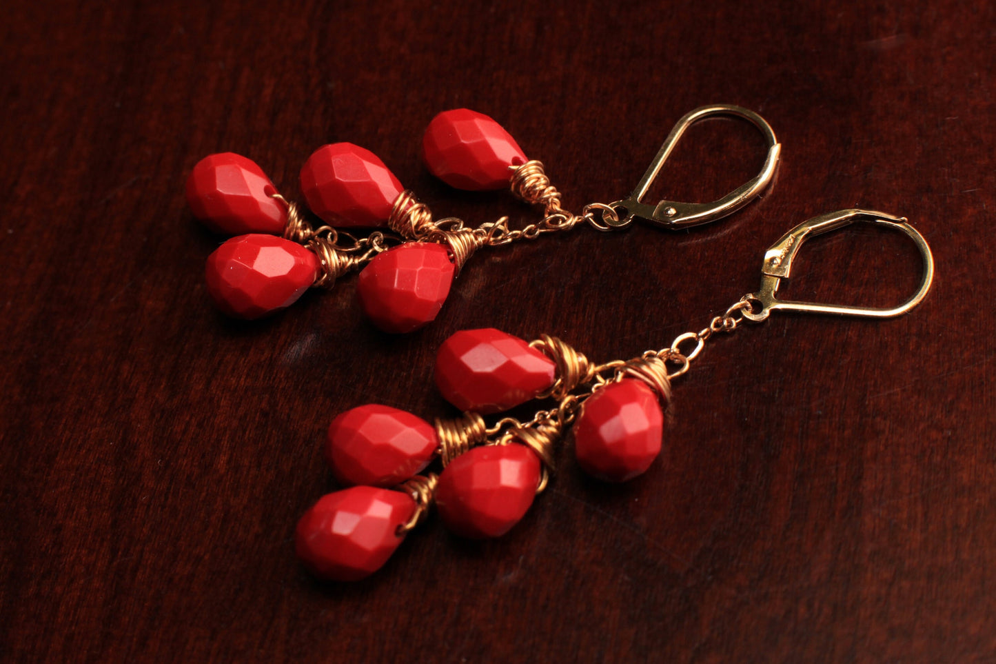 14K Gold Filled Faceted Red Coral Briolette Dangling Handmade Cascade Earrings