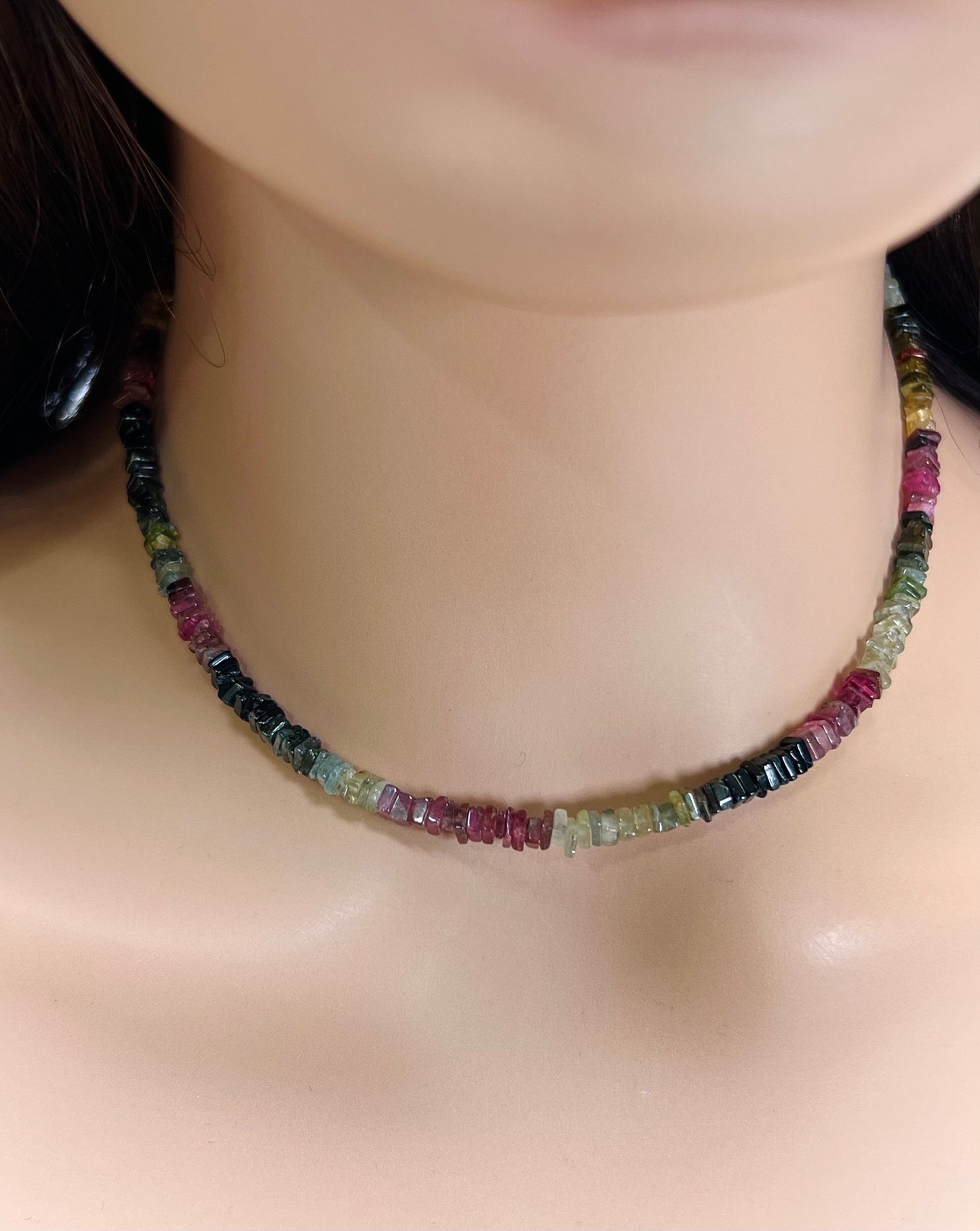 Genuine Multi Watermelon Tourmaline 4-4.5mm Heishi square silver Necklace for Man and Woman , Energy healing gems