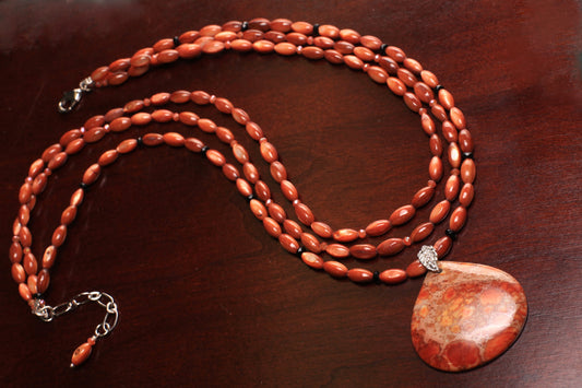 Natural Aqua Terra Jasper Large Teardrop Pendant with natural Mother of Pearl Rice Oval Black Onyx Spacers 3 Line Layer Adjustable Necklace.