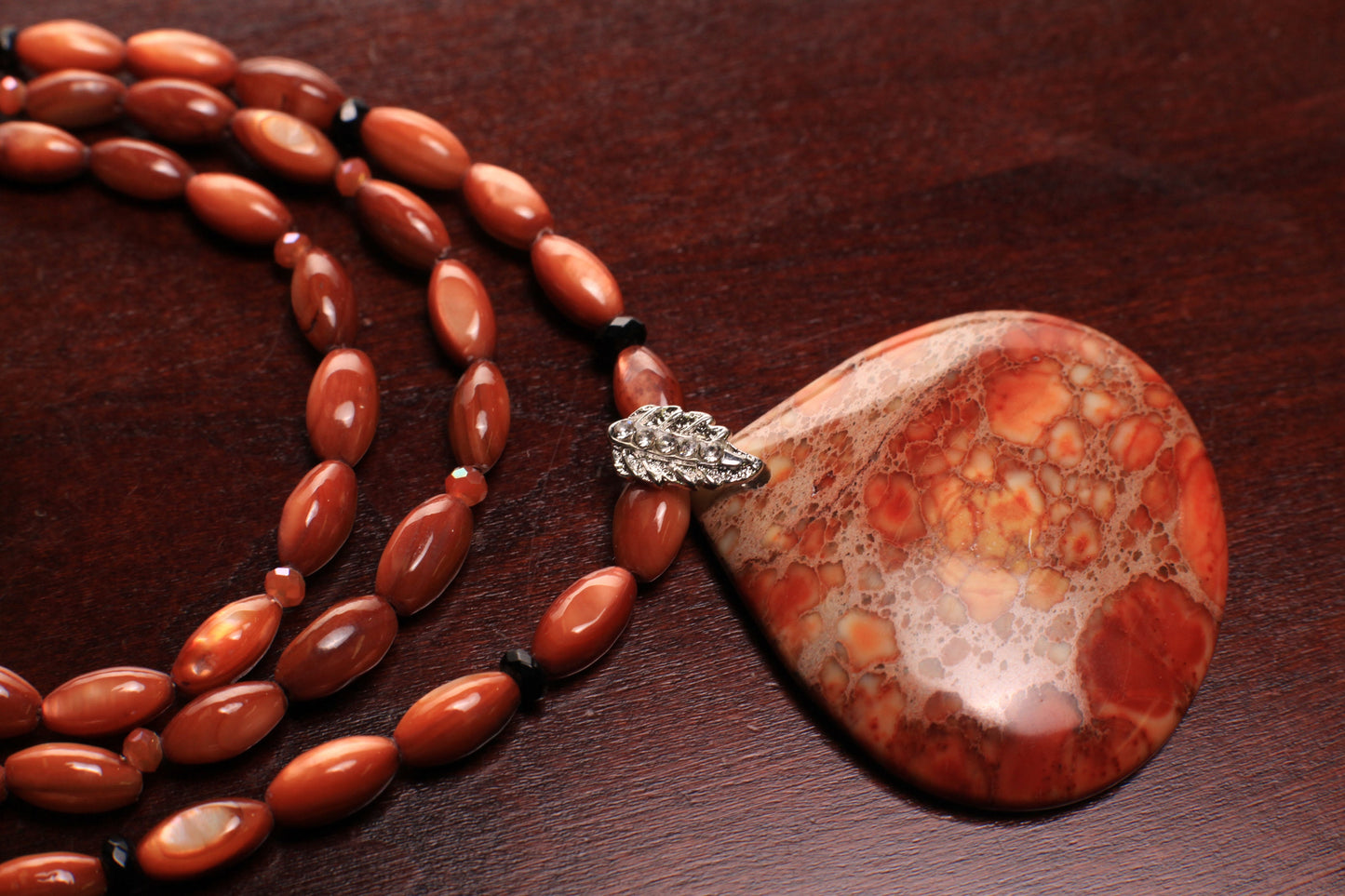 Natural Aqua Terra Jasper Large Teardrop Pendant with natural Mother of Pearl Rice Oval Black Onyx Spacers 3 Line Layer Adjustable Necklace.